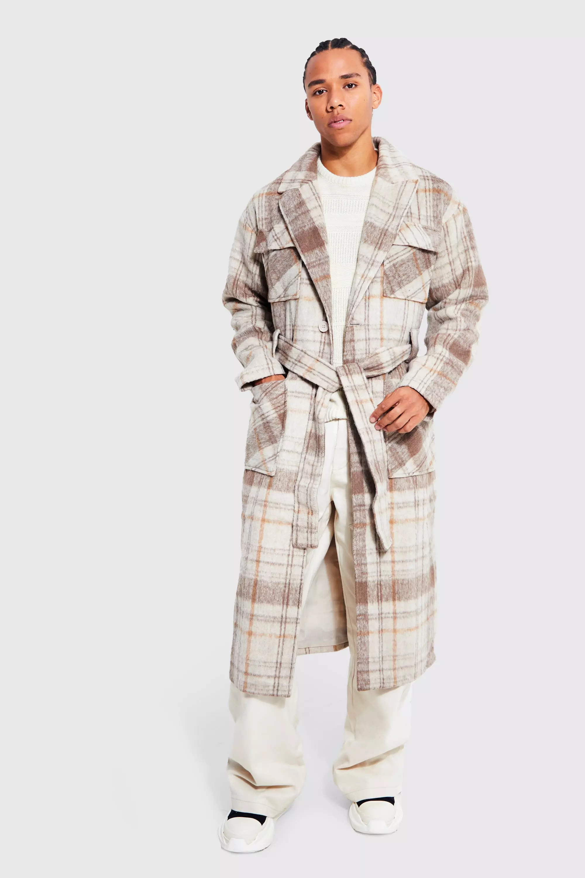 Tall Wool Look Plaid 4 Pocket Long Overcoat Stone