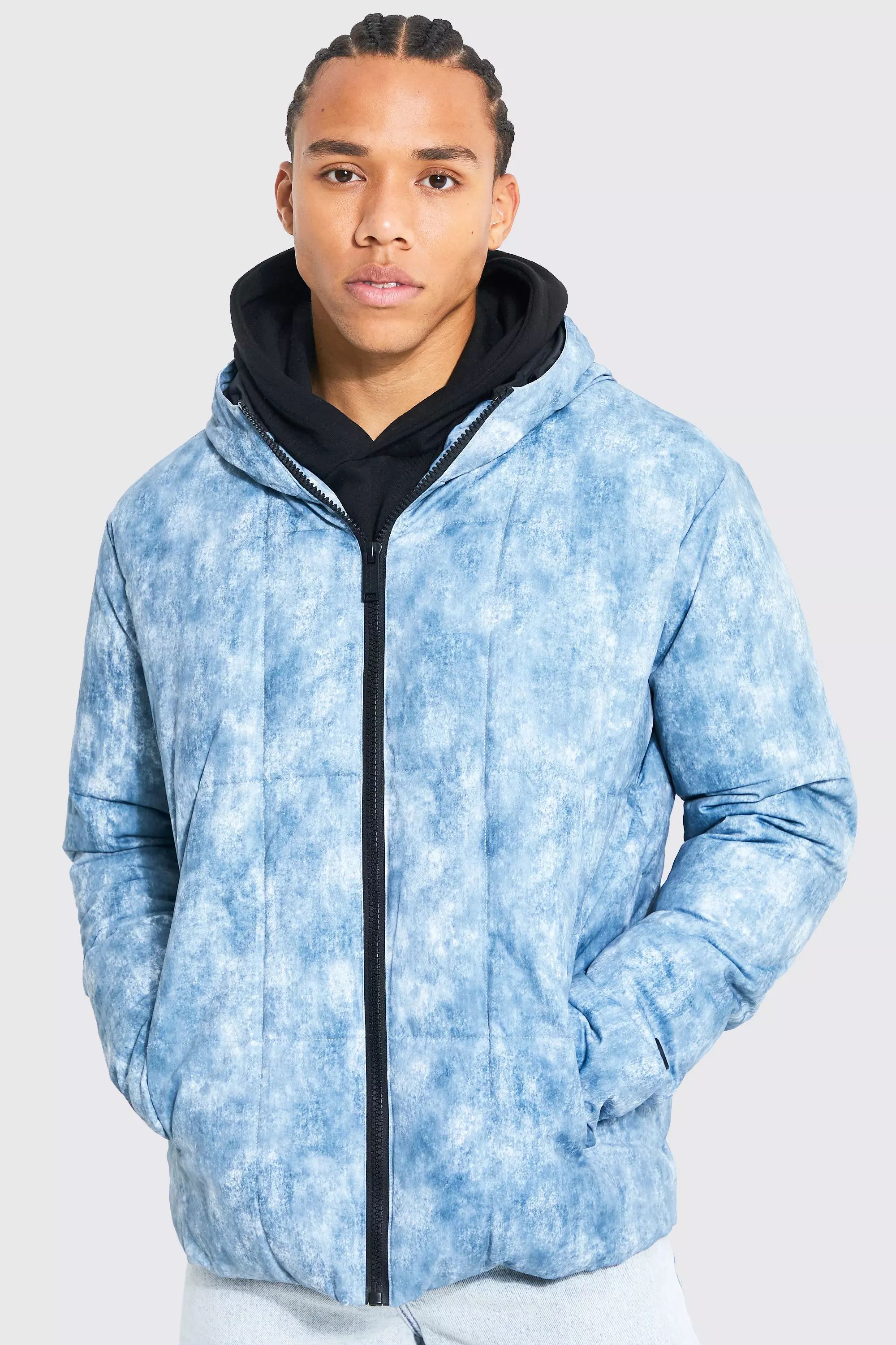 Blue Tall Tie Dye Square Panel Hooded Puffer