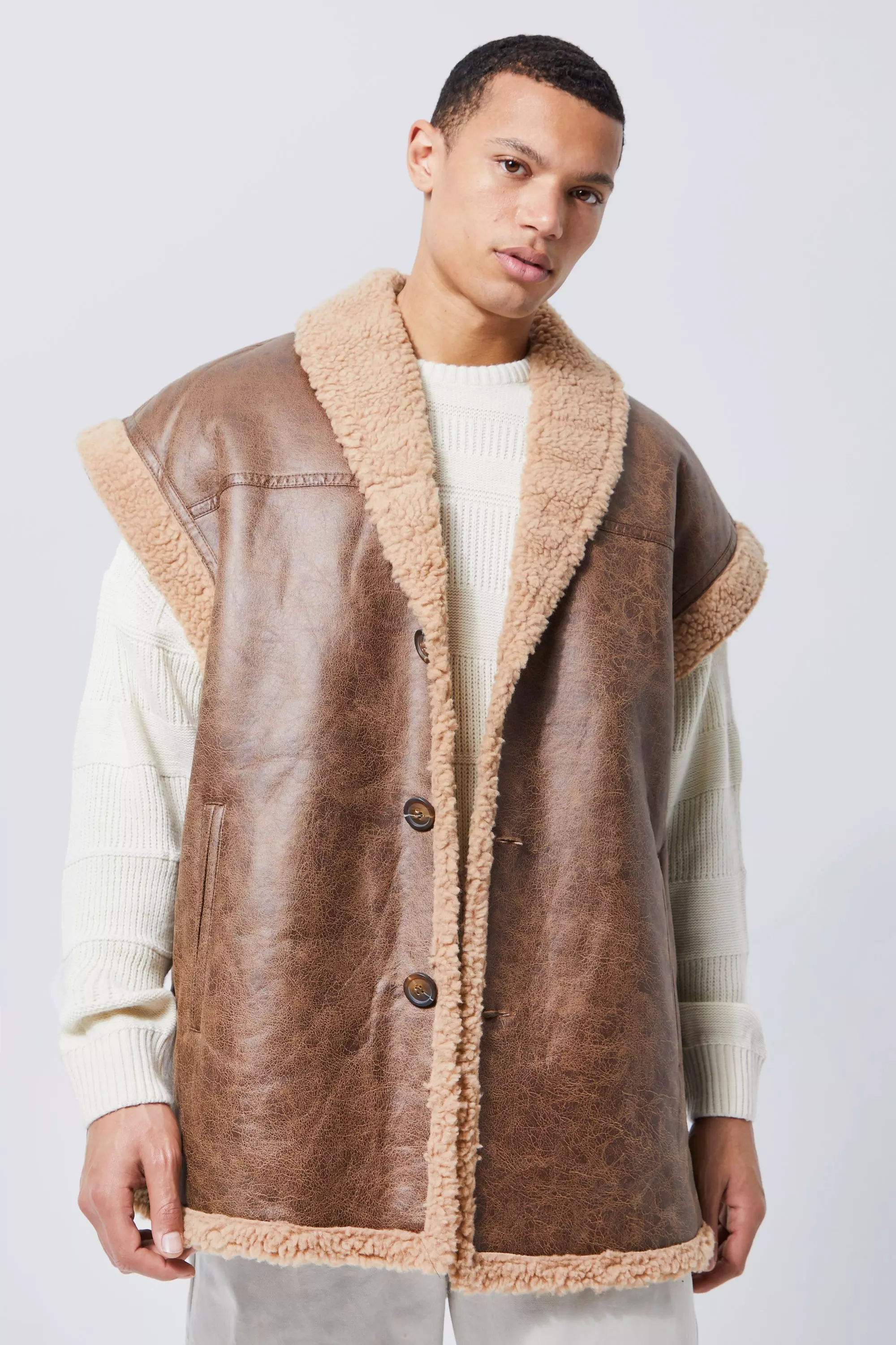 Tall Oversized Borg Trim Sleeveless Aviator Chocolate