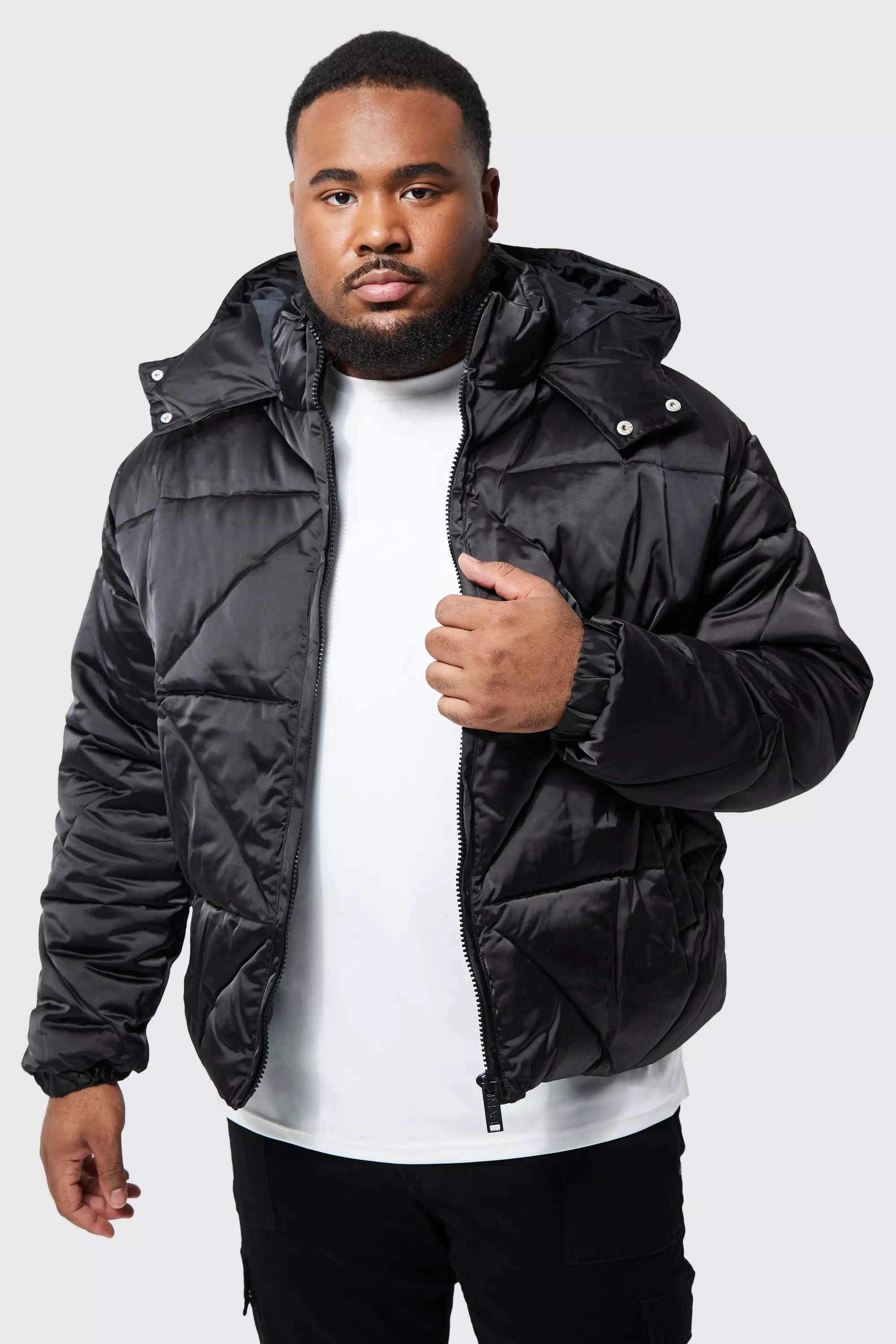 Plus Boxy Fit Satin Panelled Puffer Jacket boohooMAN UK