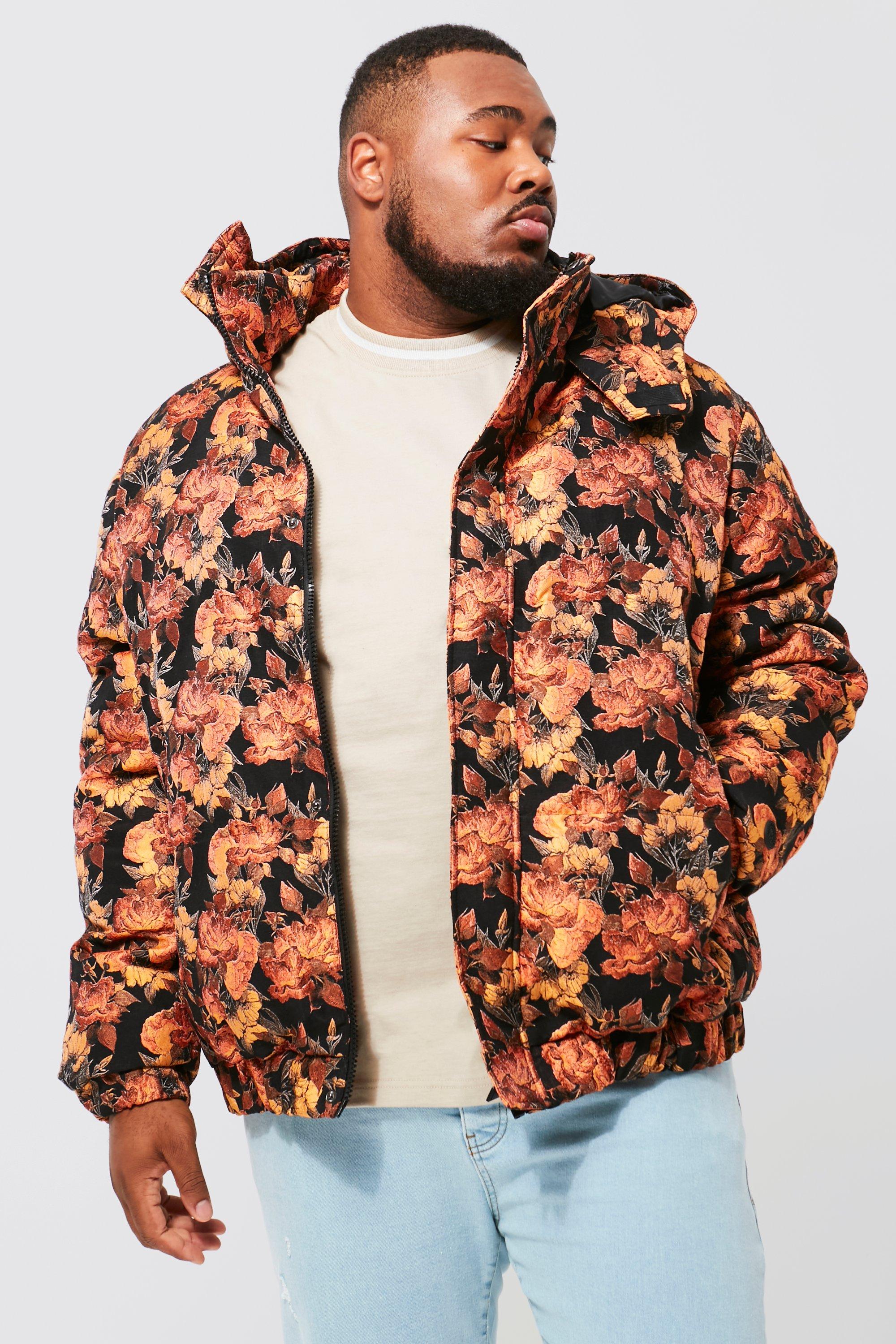 boohoo Men's Plus Size Tapestry Hooded Puffer Jacket