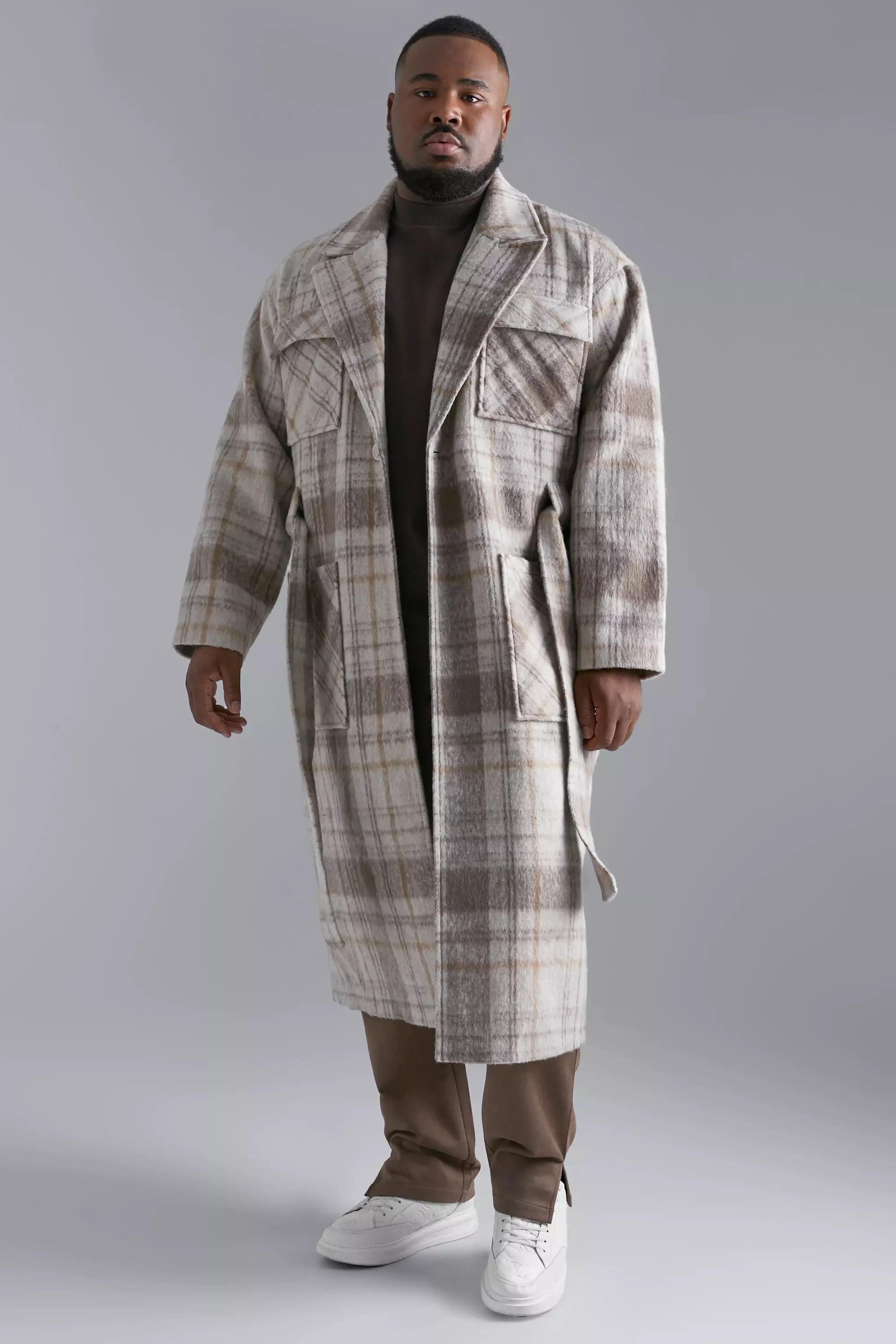 Plus Wool Look Check 4 Pocket Long Overcoat Stone