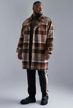 Plus Wool Look Check Single Breasted Overcoat Rust