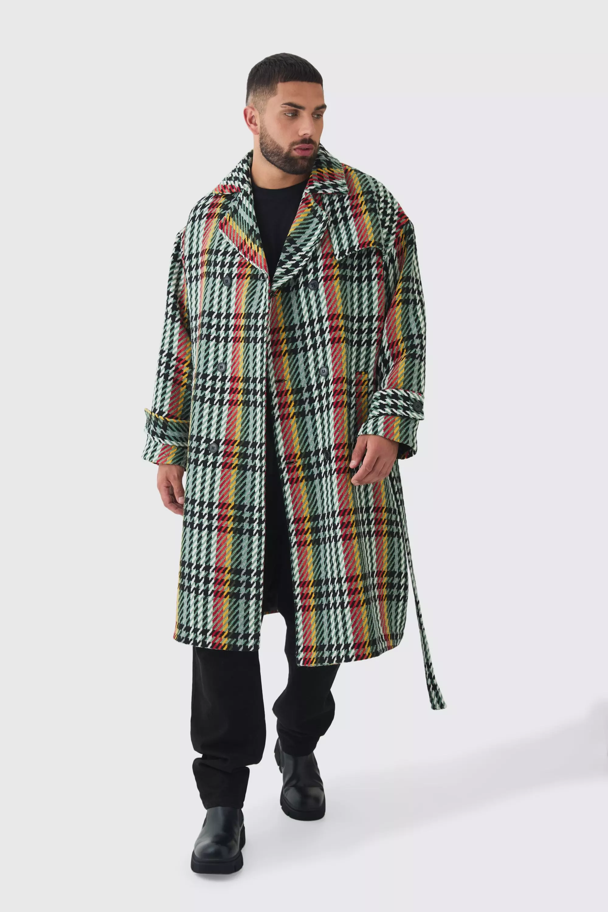 Plus Wool Look Check Double Breasted Overcoat in Green boohooMAN