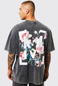 Oversized Floral Graphic Acid Wash T-shirt Charcoal