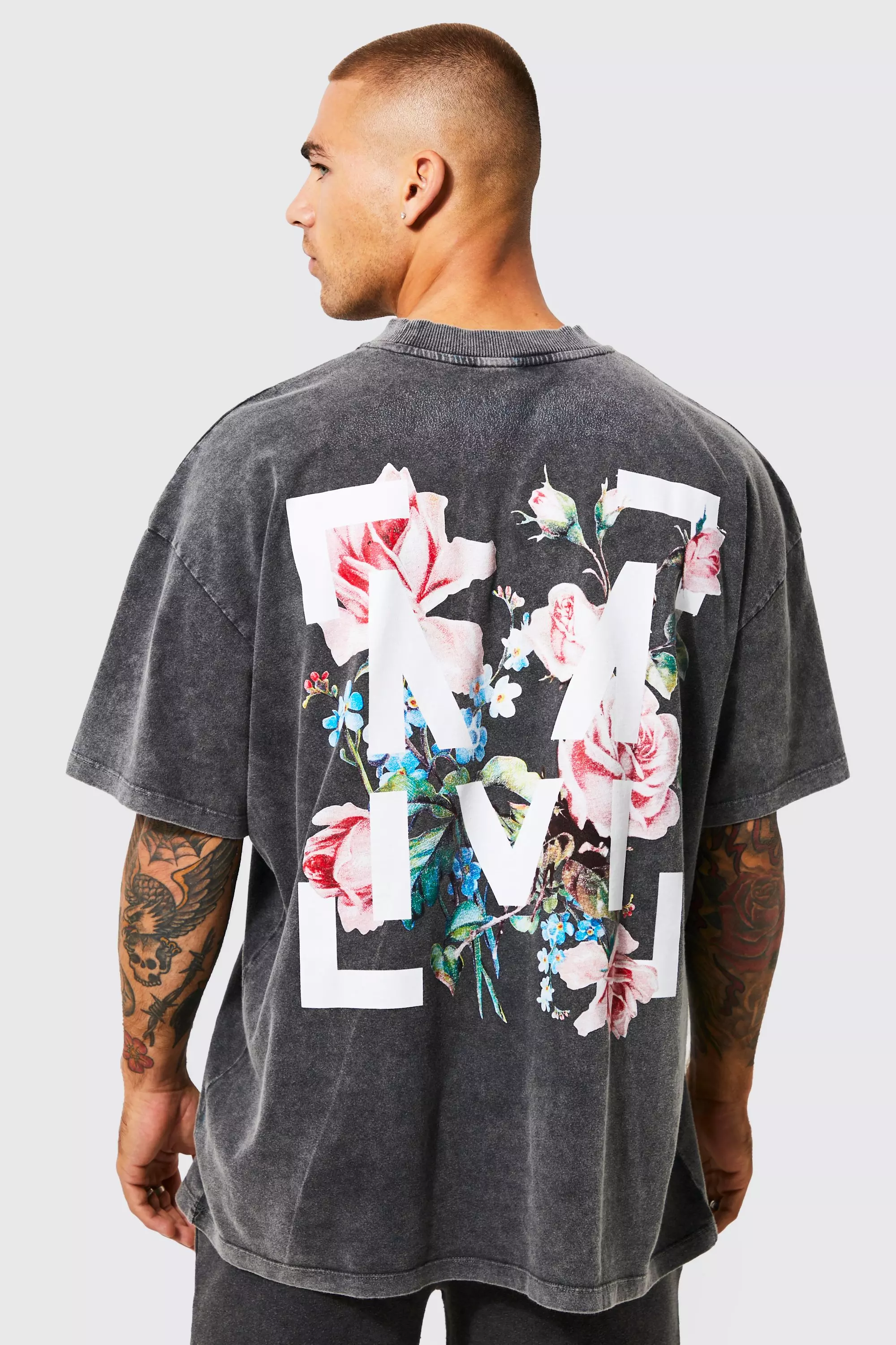 Oversized Floral Graphic Acid Wash T-shirt Charcoal