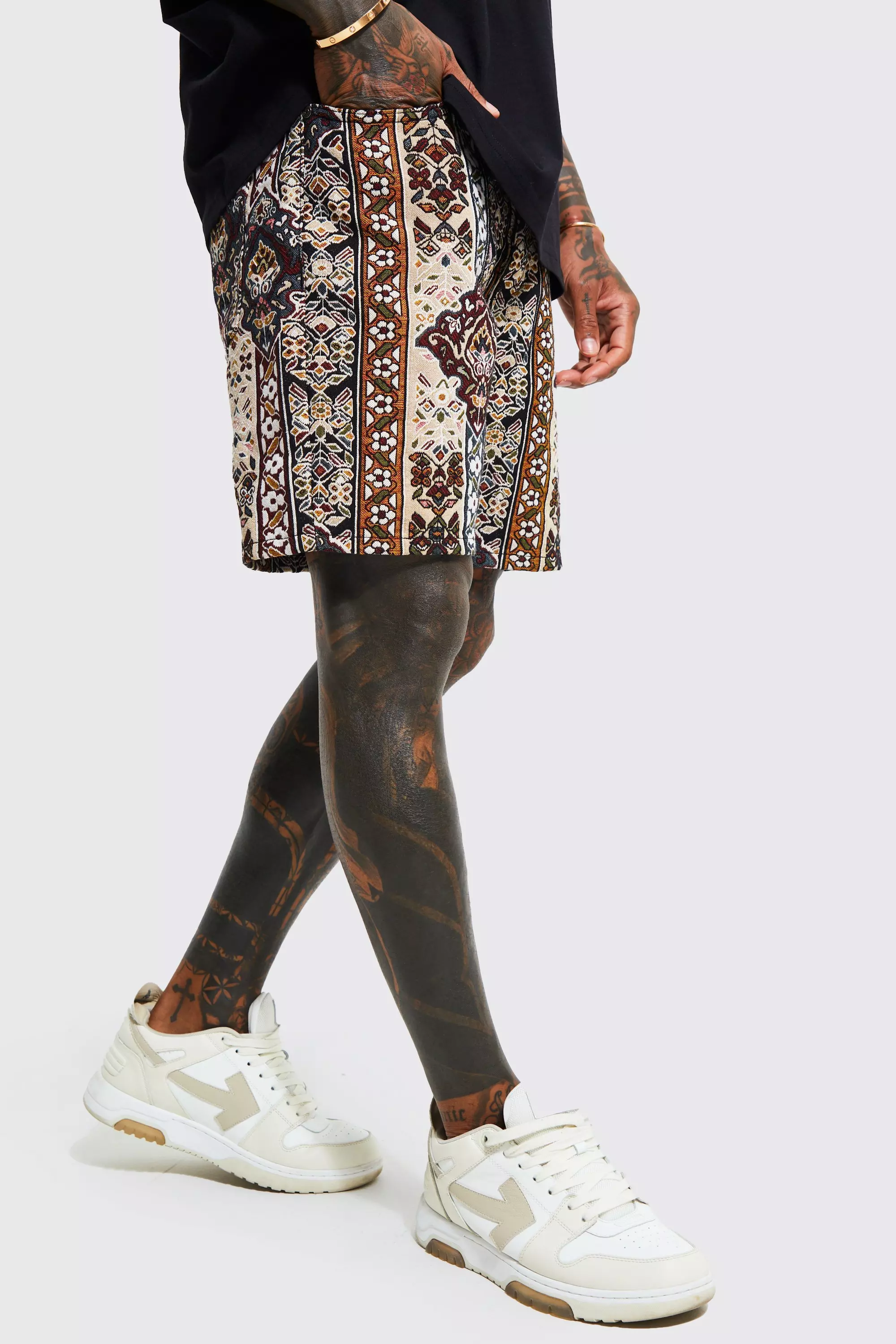 Elastic Waist Slim Fit Tapestry Shorts | boohooMAN USA