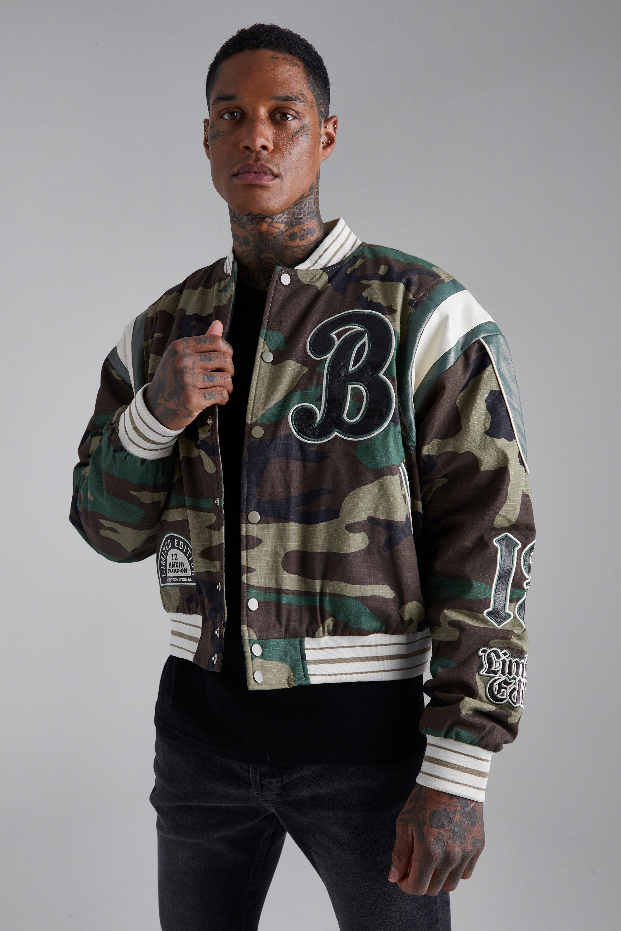 Boxy Camo B Varsity Jacket | boohooMAN USA