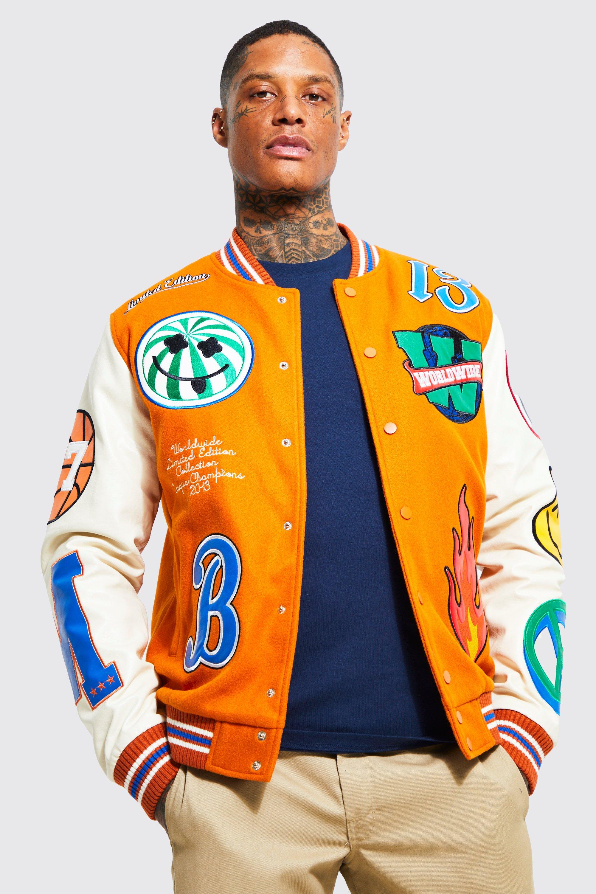 Off-White Black & Orange Graphic Leather Varsity Jacket - Men from