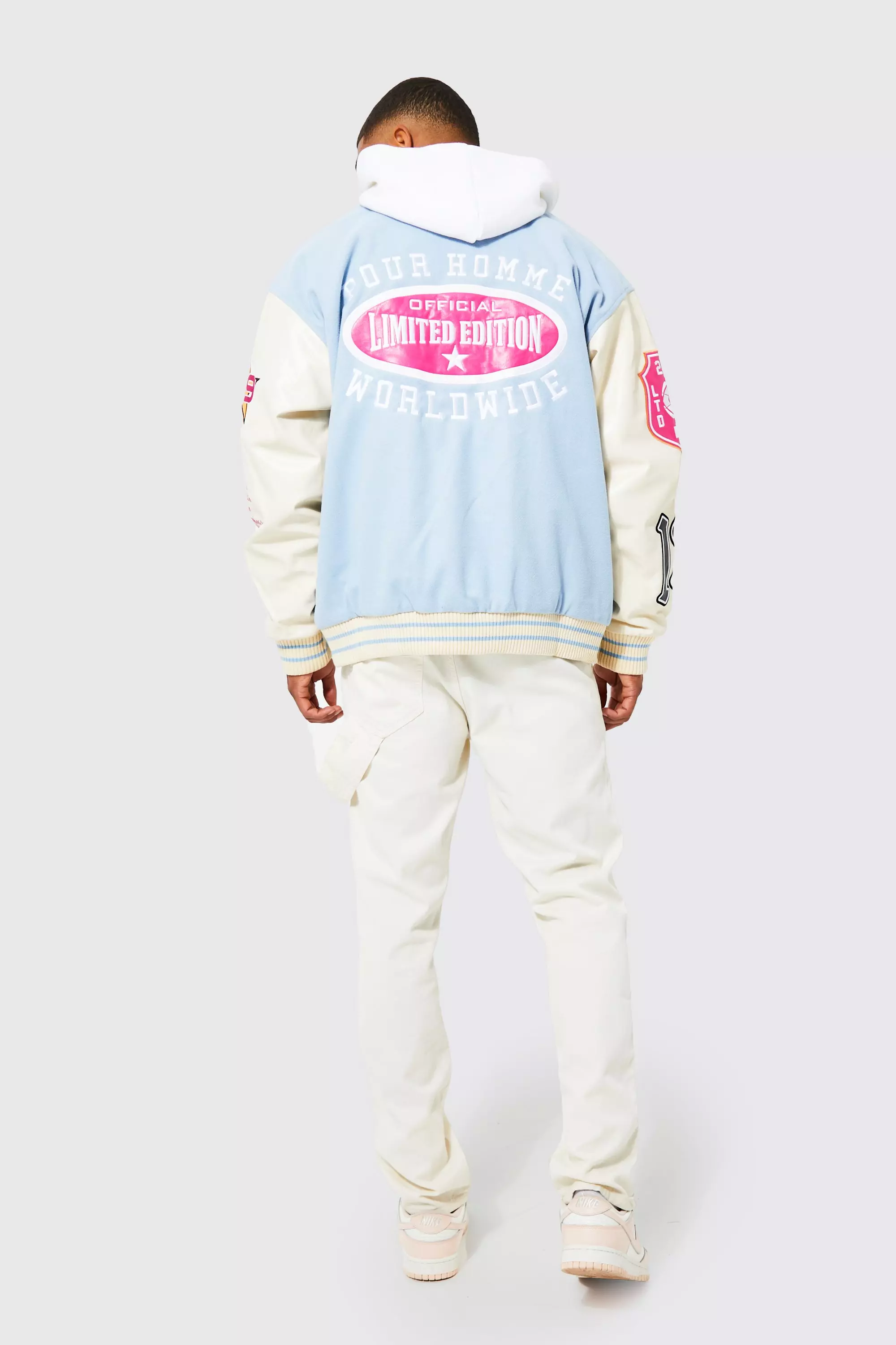 Oversized Pour Homme Worldwide Varsity Jacket | boohooMAN UK