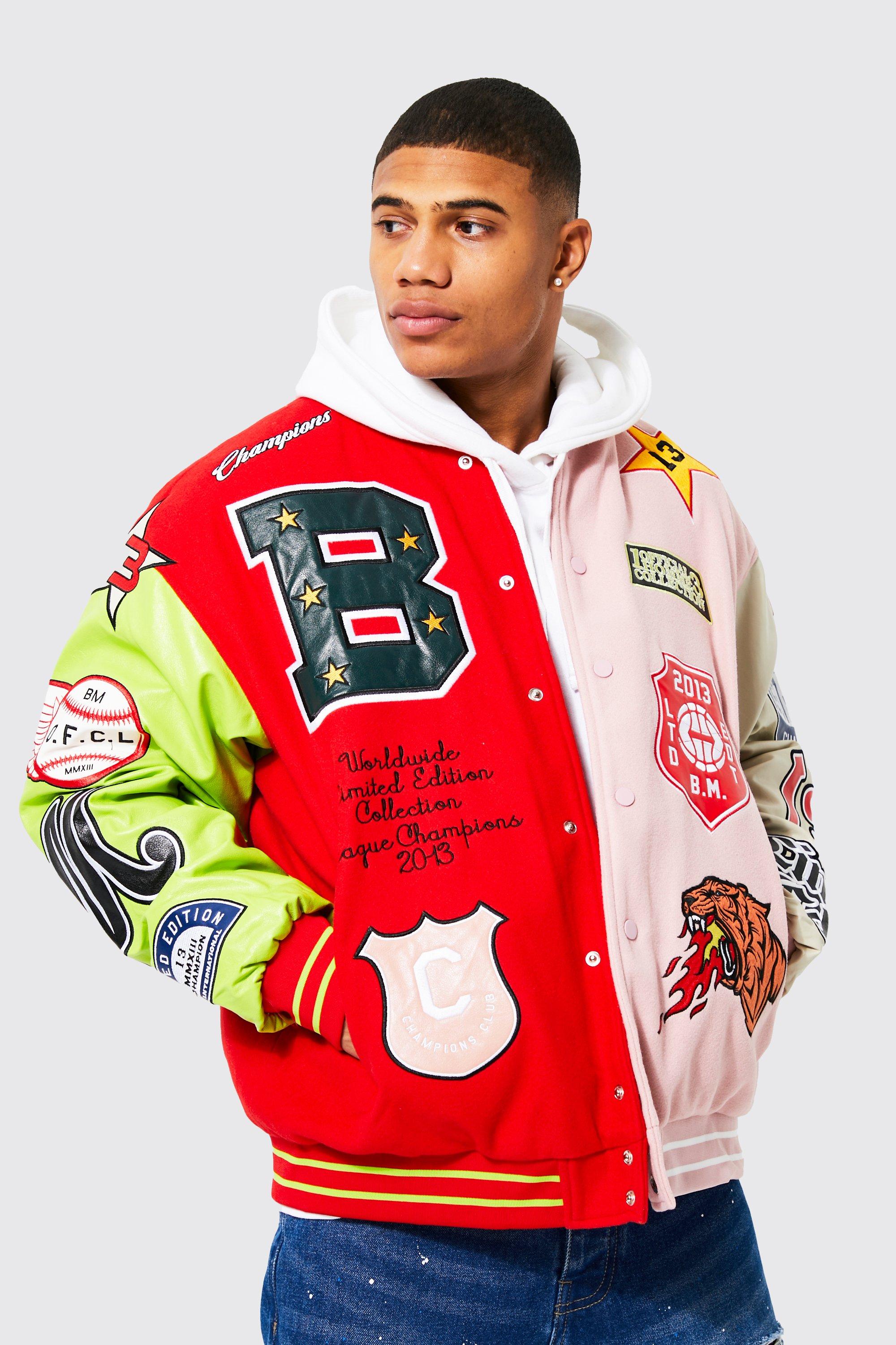 Spliced Back Tiger Badge Varsity Jacket | boohooMAN USA