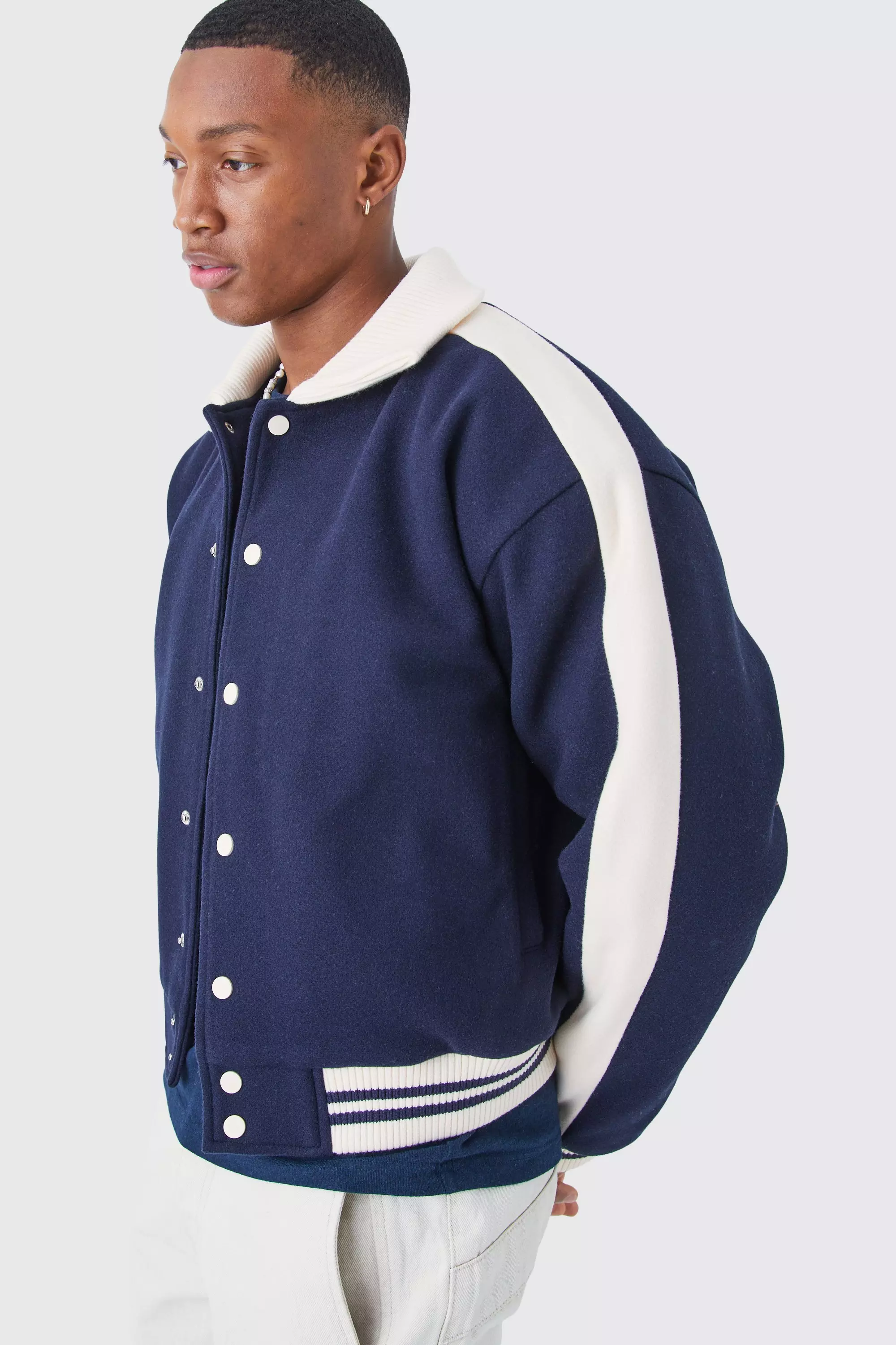 Navy Boxy Melton Knitted Collar Harrington Jacket alternative image