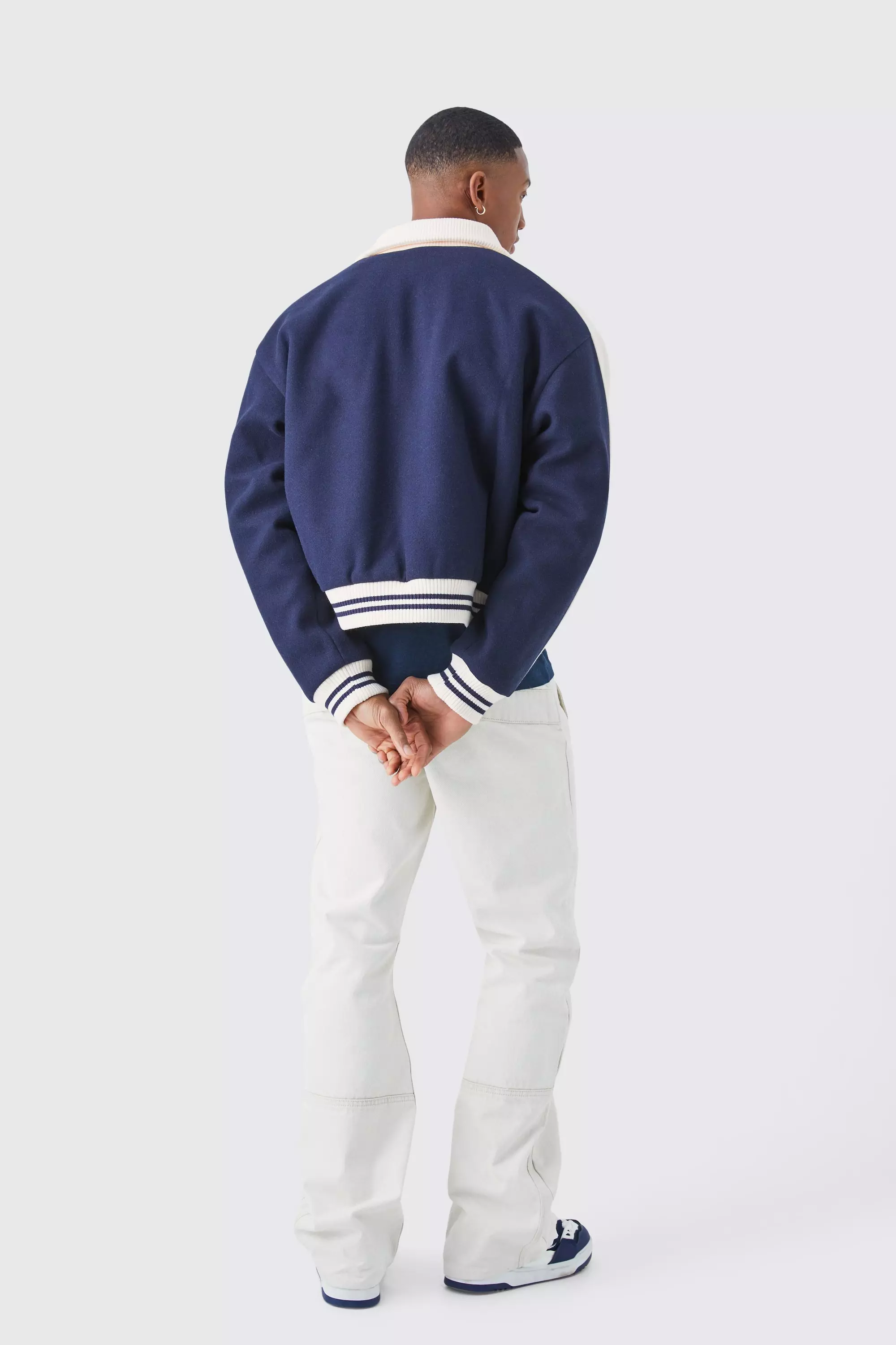 Navy Boxy Melton Knitted Collar Harrington Jacket alternative image