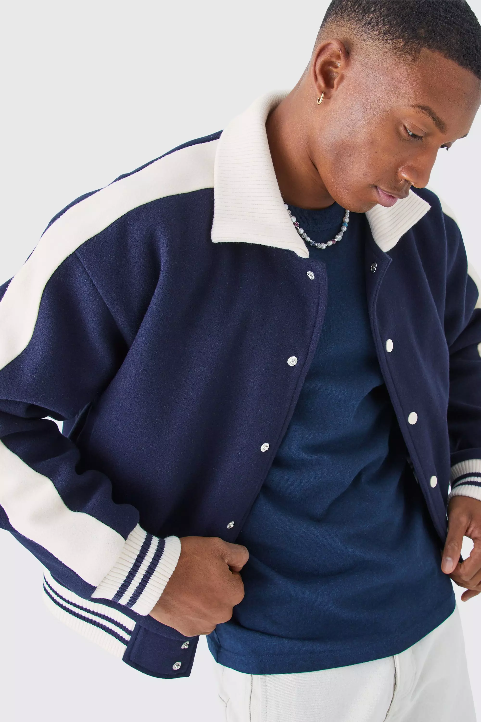 Navy Boxy Melton Knitted Collar Harrington Jacket alternative image