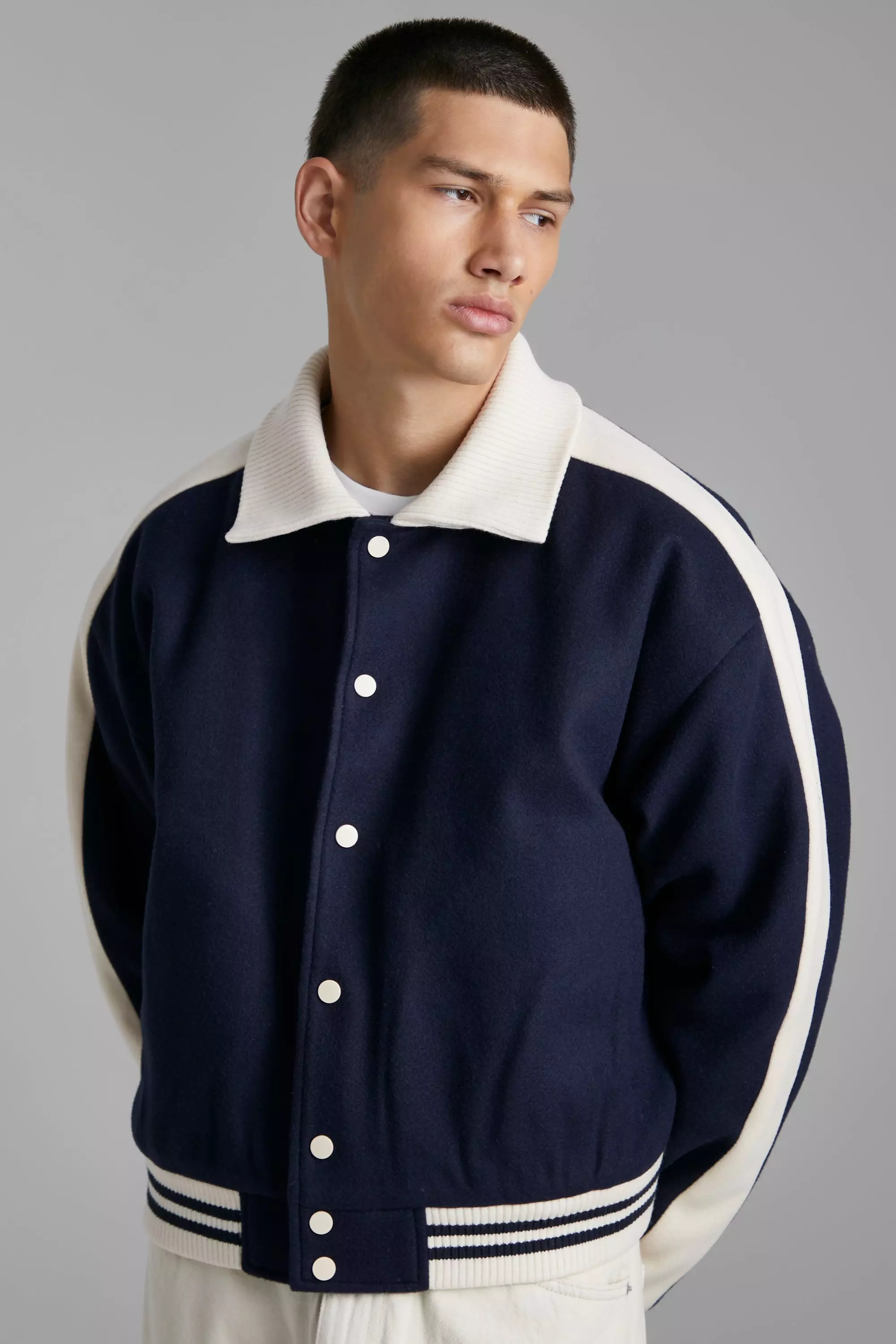 Navy Boxy Melton Harrington Jas Met Gebreide Kraag  alternatieve afbeelding