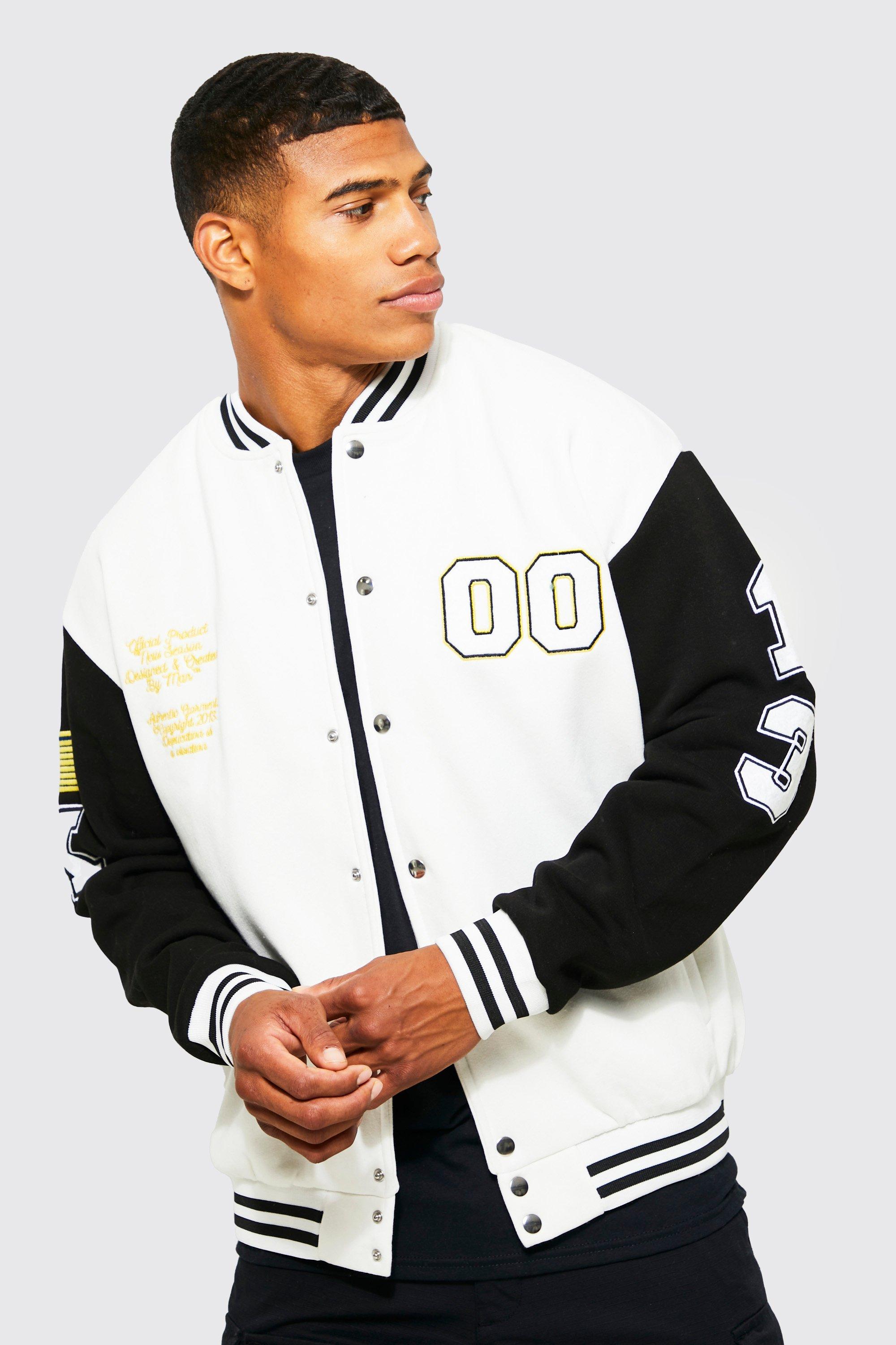 Jersey Varsity Bomber Jacket With Skull Badge | boohooMAN