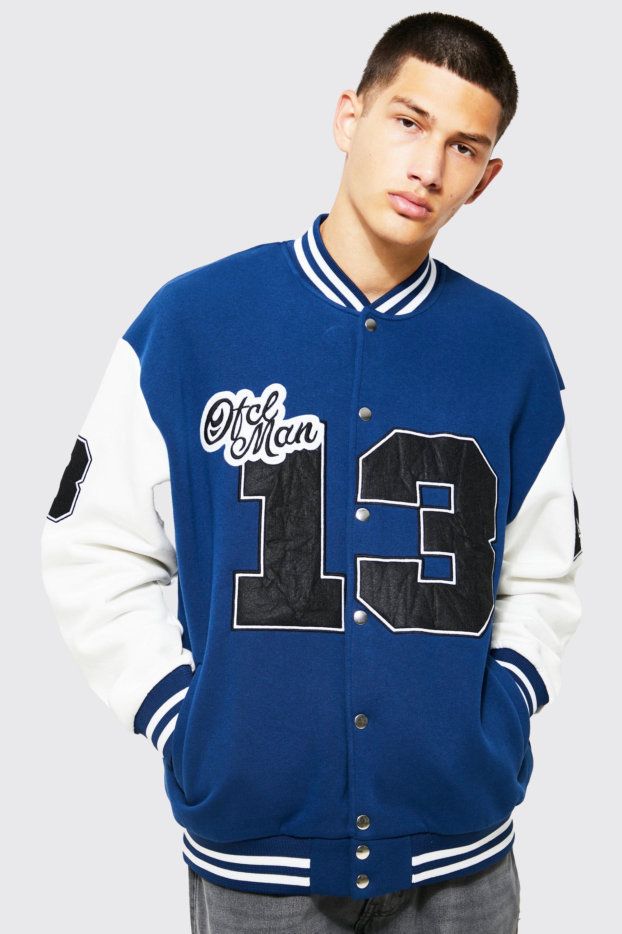 boohooMAN Mens Oversized Varsity Bomber Jacket - Blue