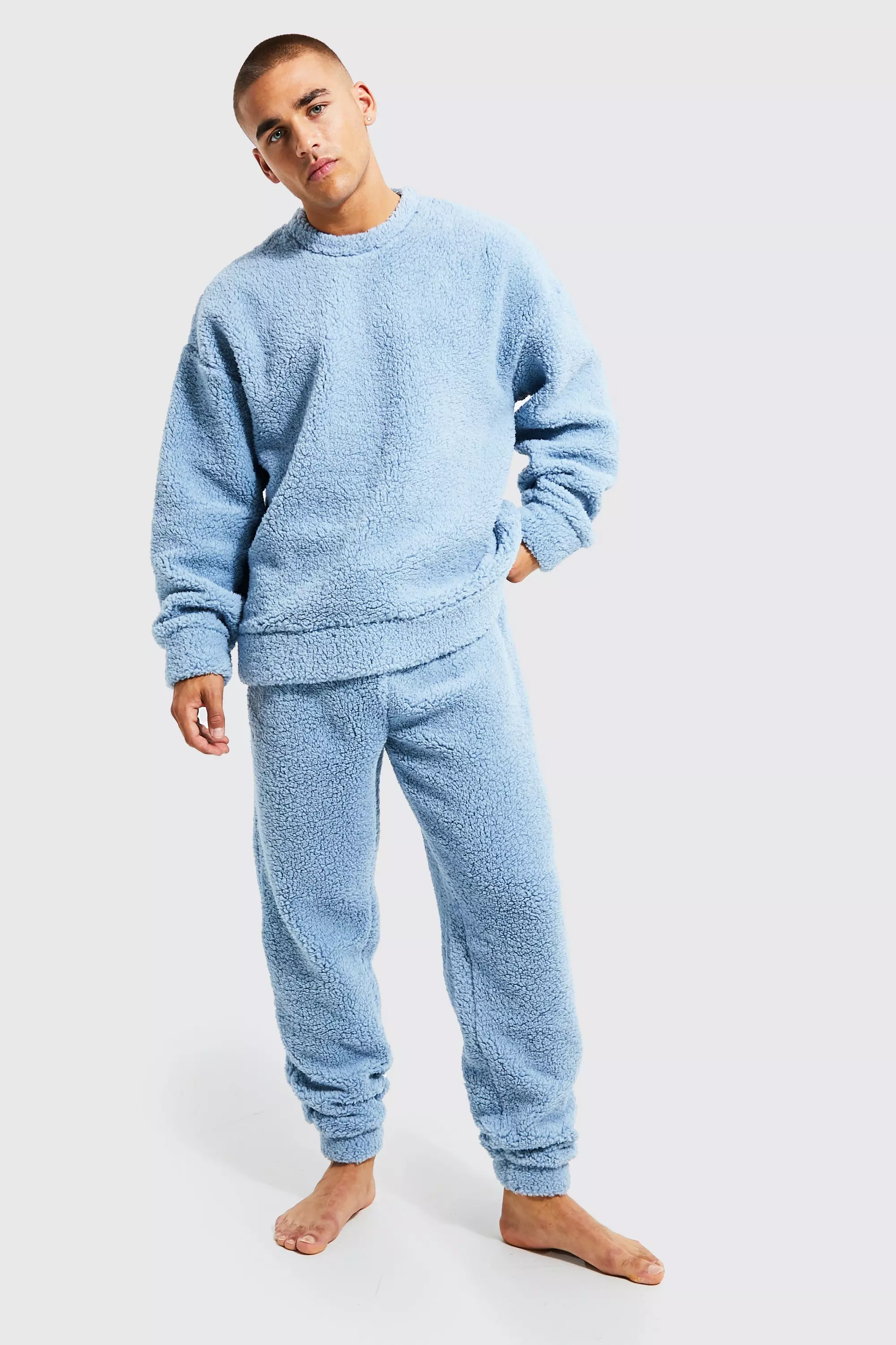 Borg Oversized Sweater And Cuffed Sweatpants Loungewear Set Blue