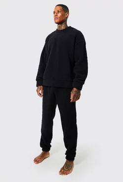Borg Oversized Sweater And Cuffed Sweatpants Loungewear Set Black