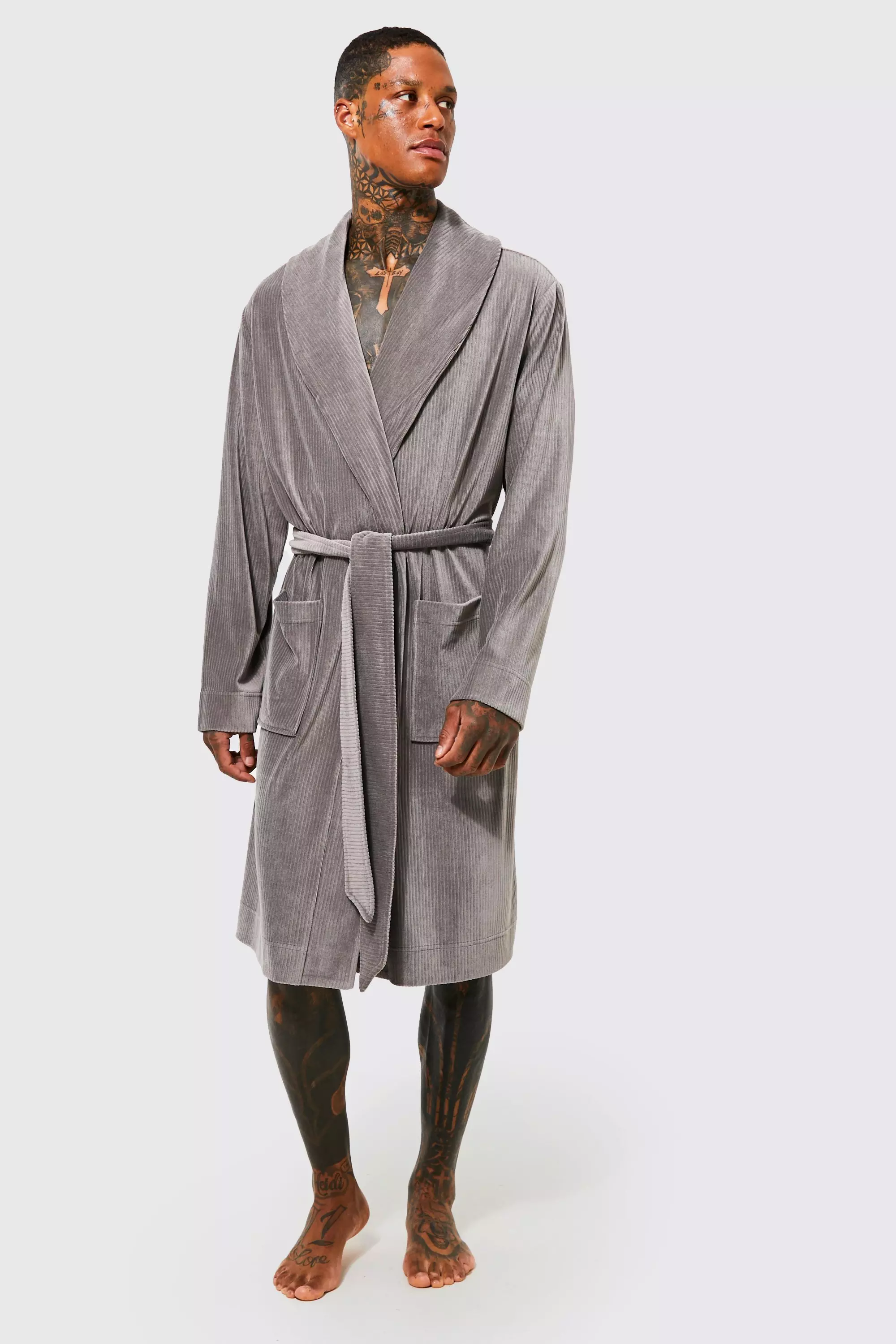 Soft Stripe Fleece Shawl Collar Dressing Gown boohooMAN UK