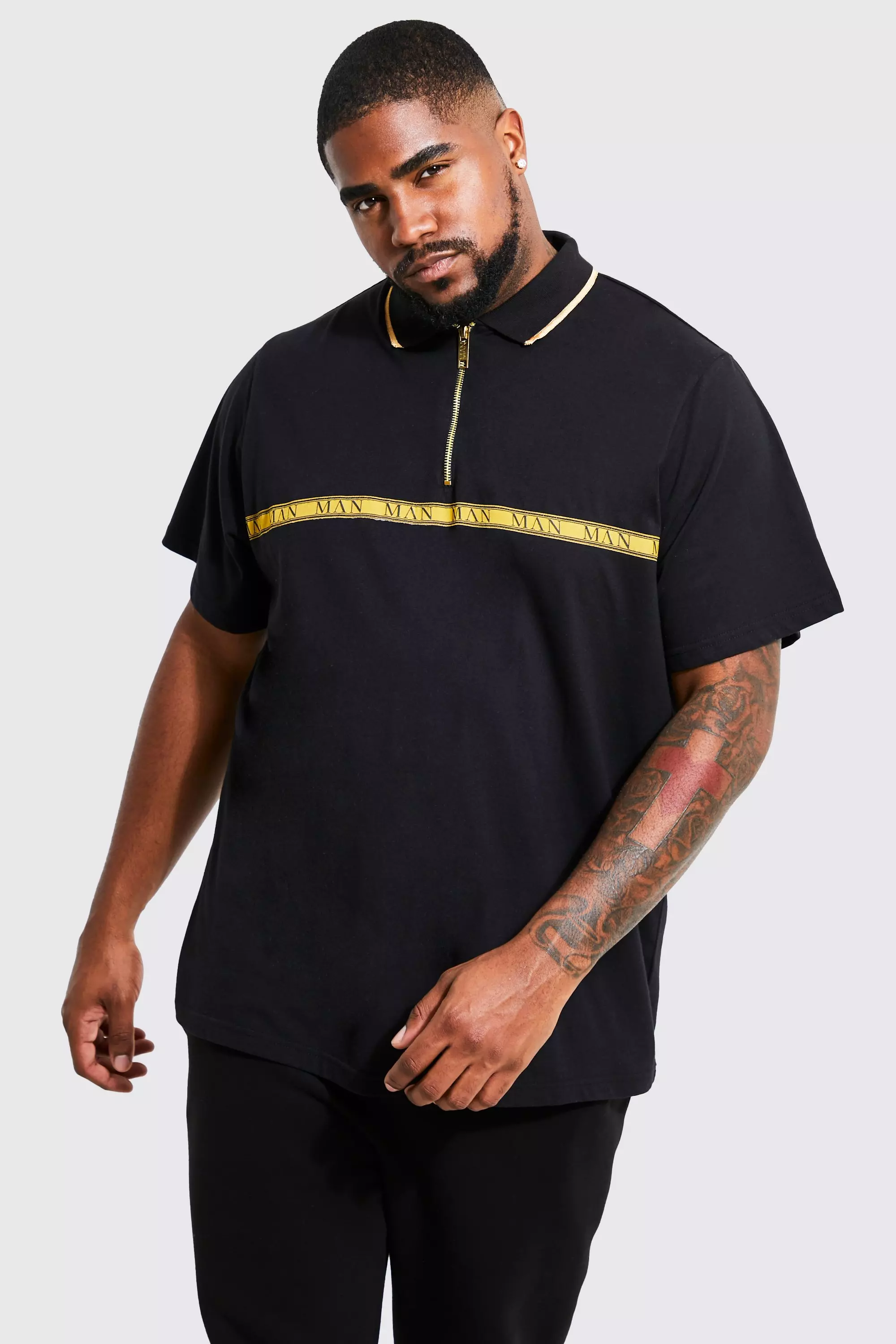 Plus Man Gold Tape Polo With Tipping Black