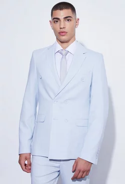 Double Breasted Slim Textured Suit Jacket light blue