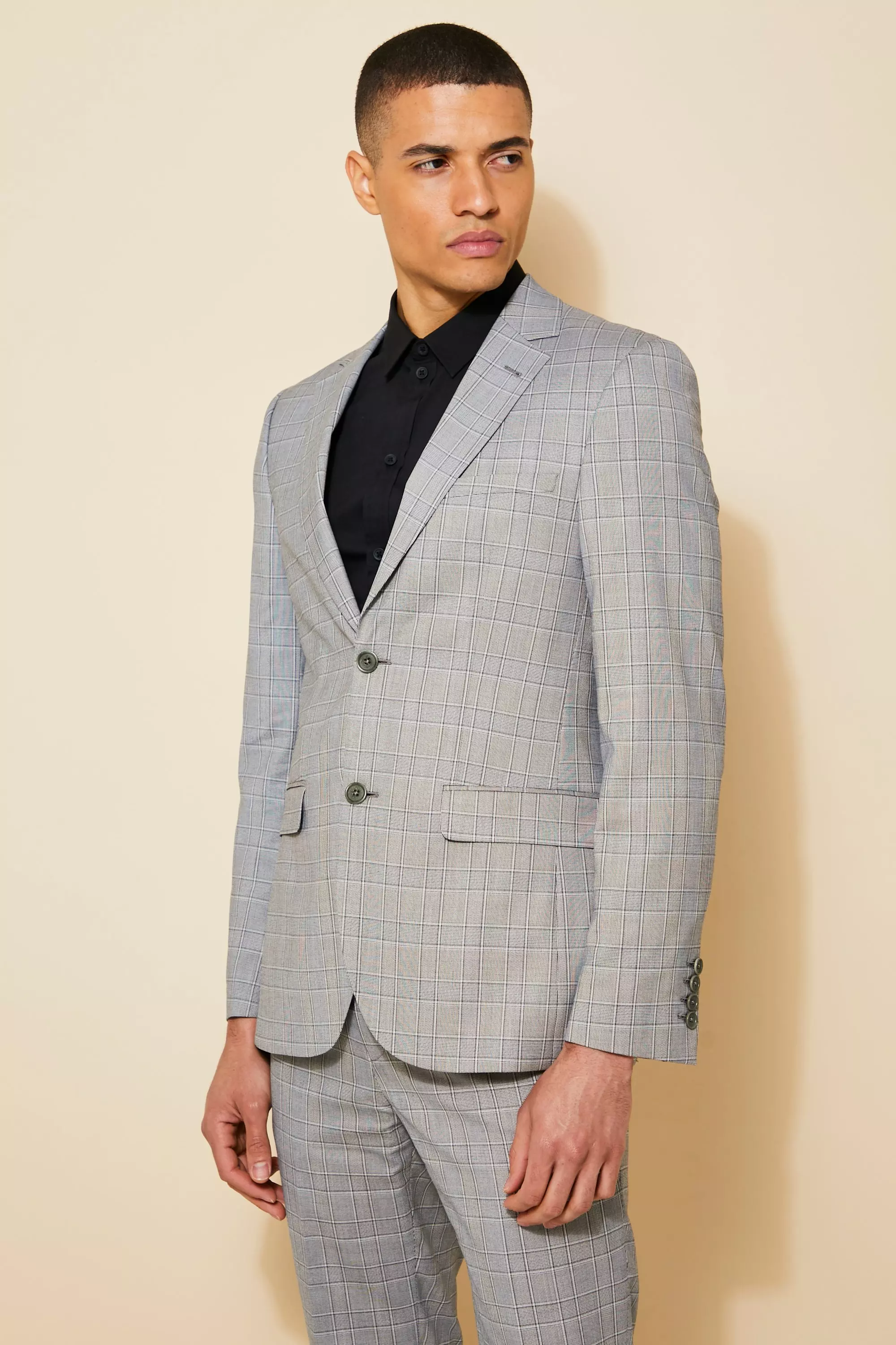 Slim Single Breasted Plaid Suit Jacket Grey