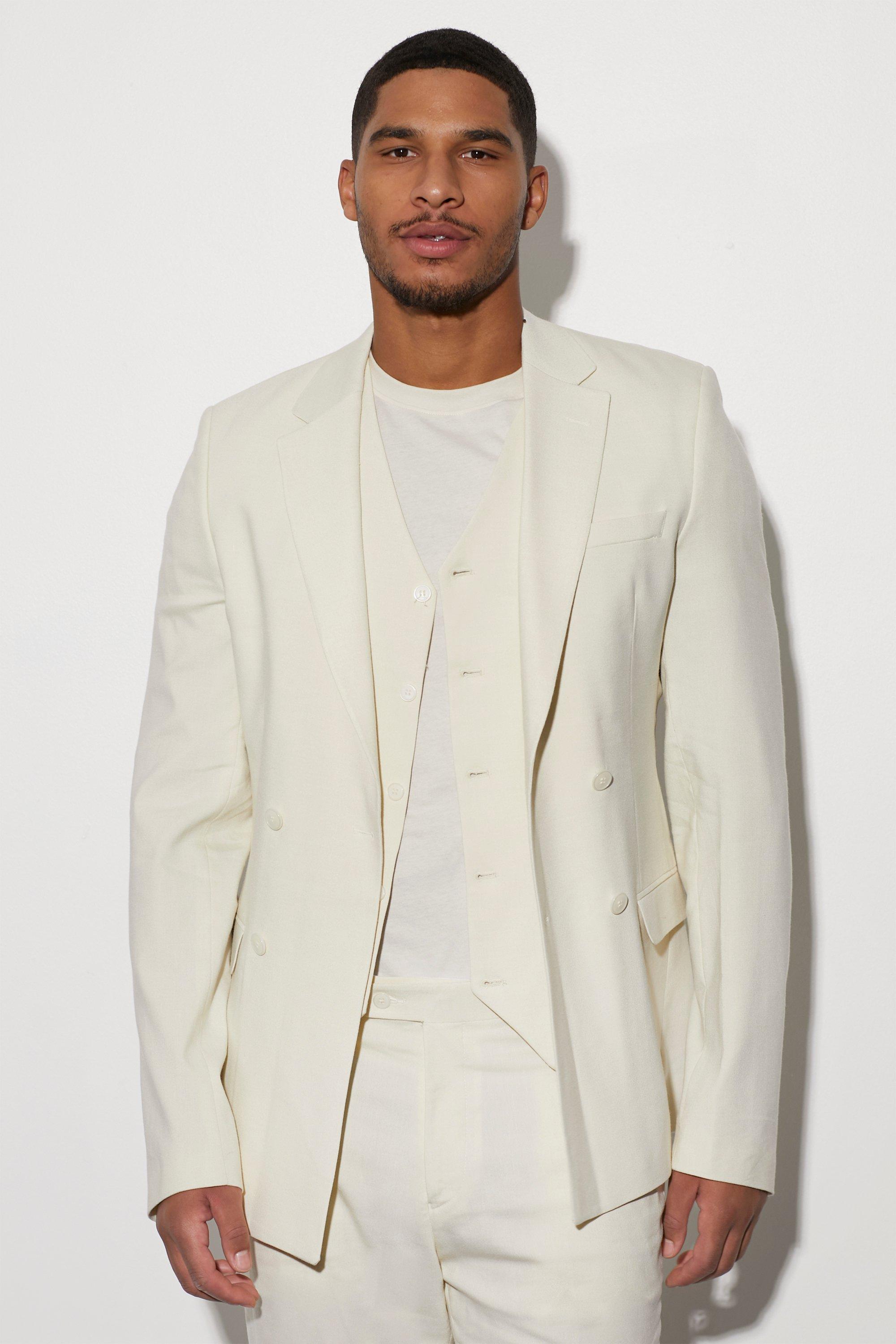 Ecru Tall Double Breasted Slim Linen Suit Jacket