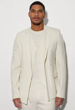 Tall Double Breasted Slim Linen Suit Jacket Ecru