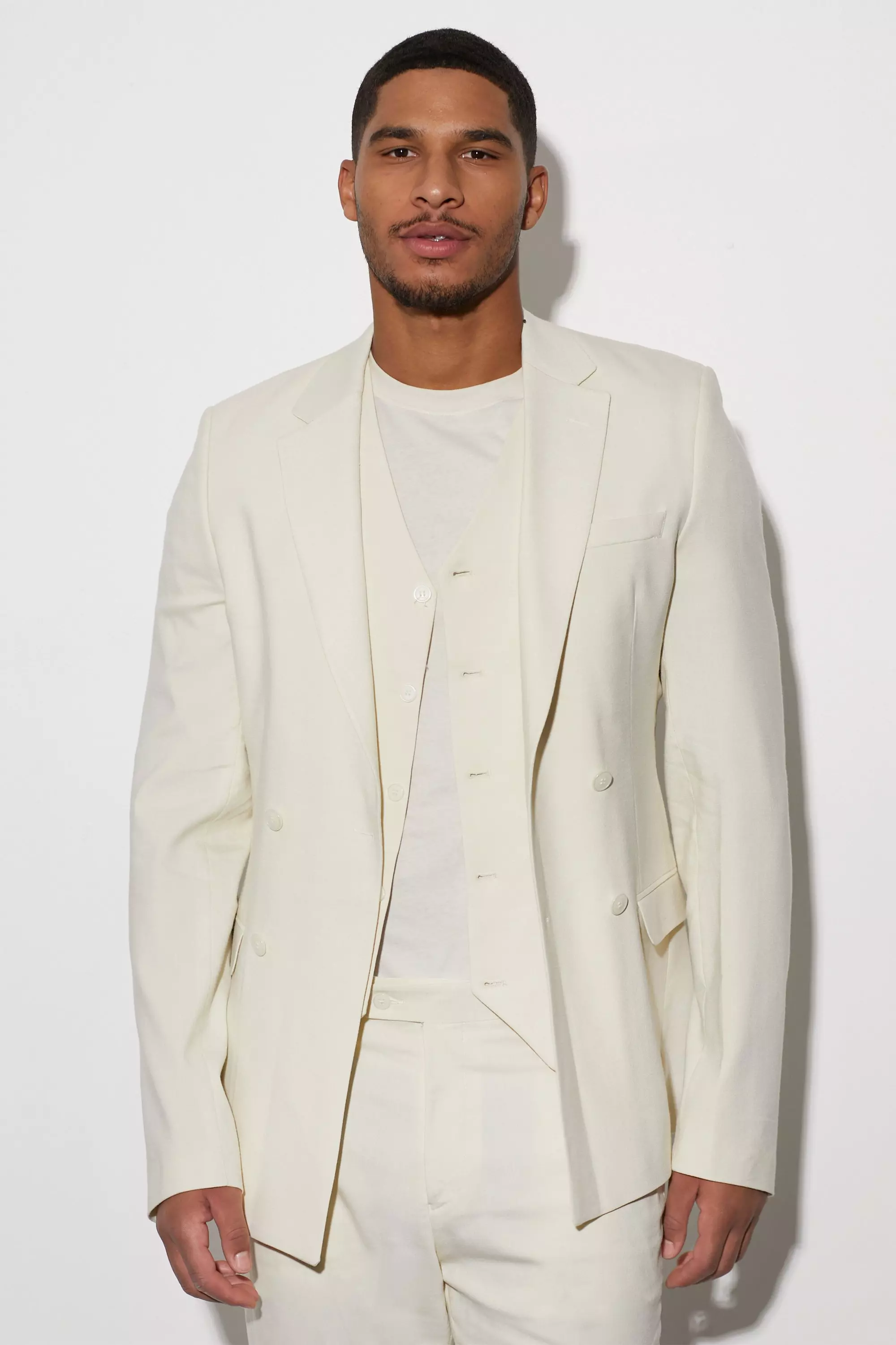 Ecru White Tall Double Breasted Slim Linen Suit Jacket