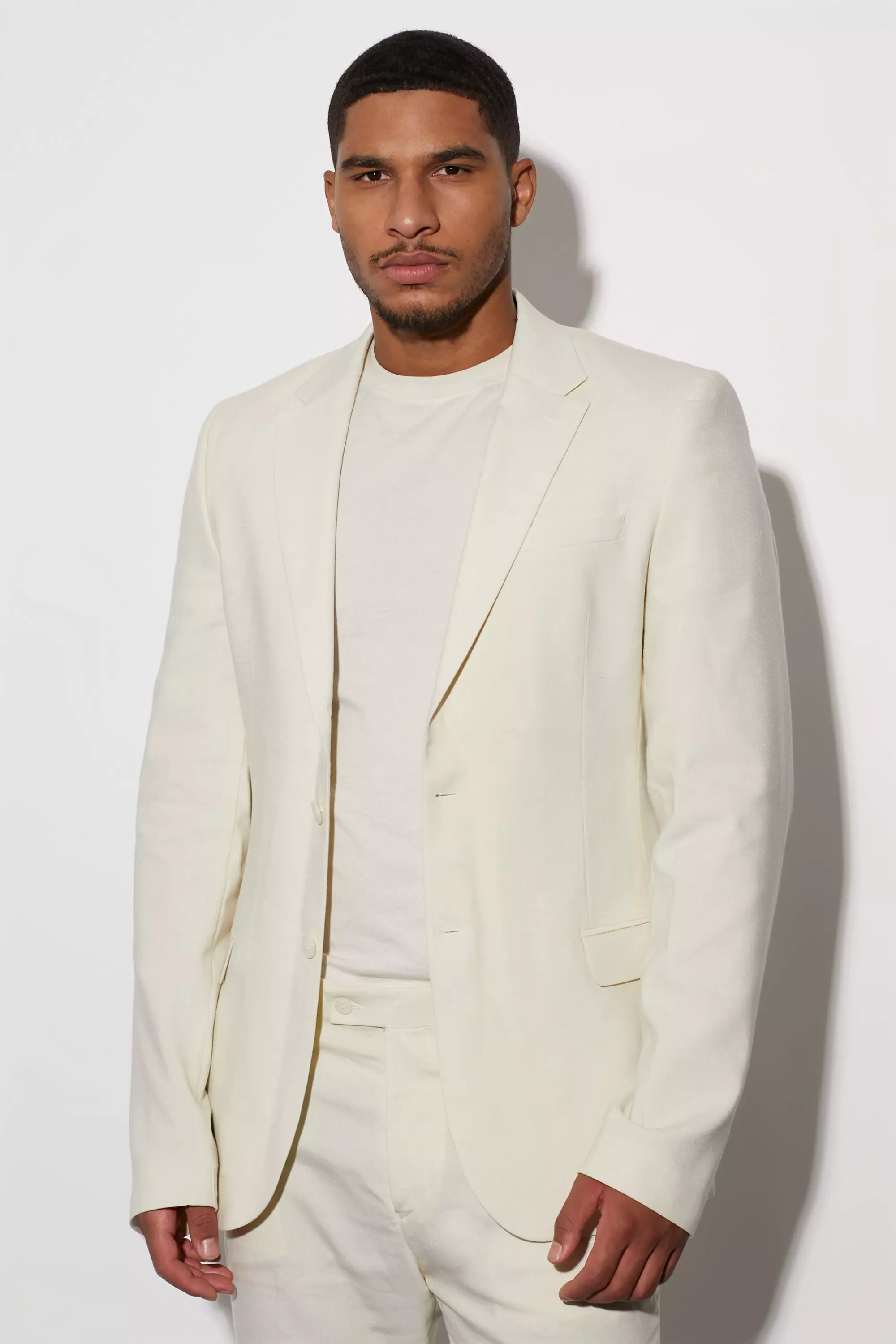 Ecru White Tall Single Breasted Slim Linen Suit Jacket