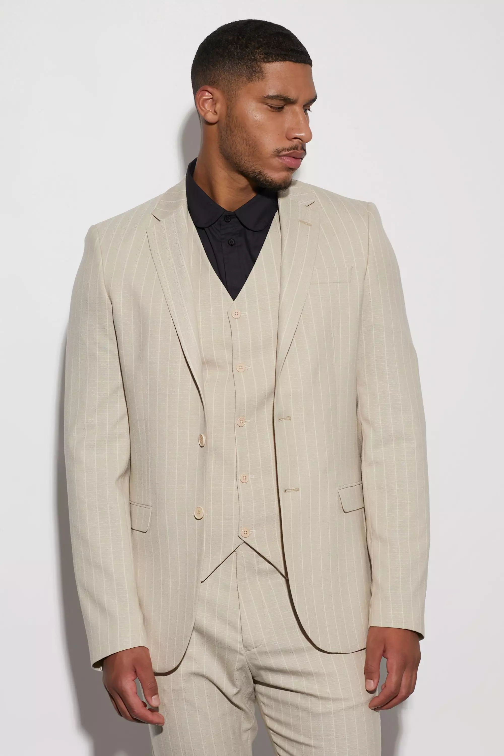 Tall Single Breasted Slim Stripe Suit Jacket Beige