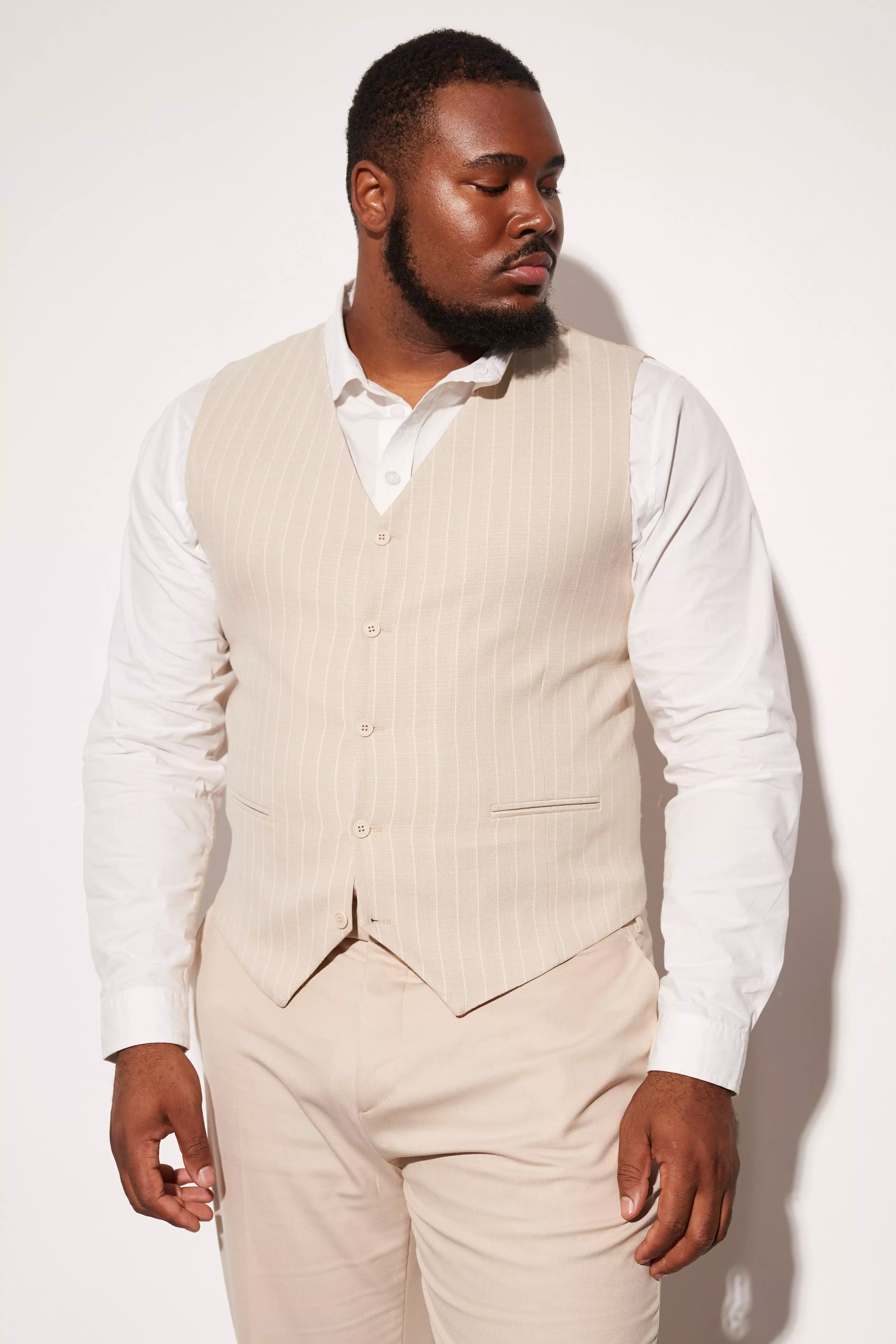 Plus Slim Stripe Textured Vest Beige