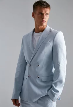 Tall Double Breasted Skinny Linen Suit Jacket Light blue