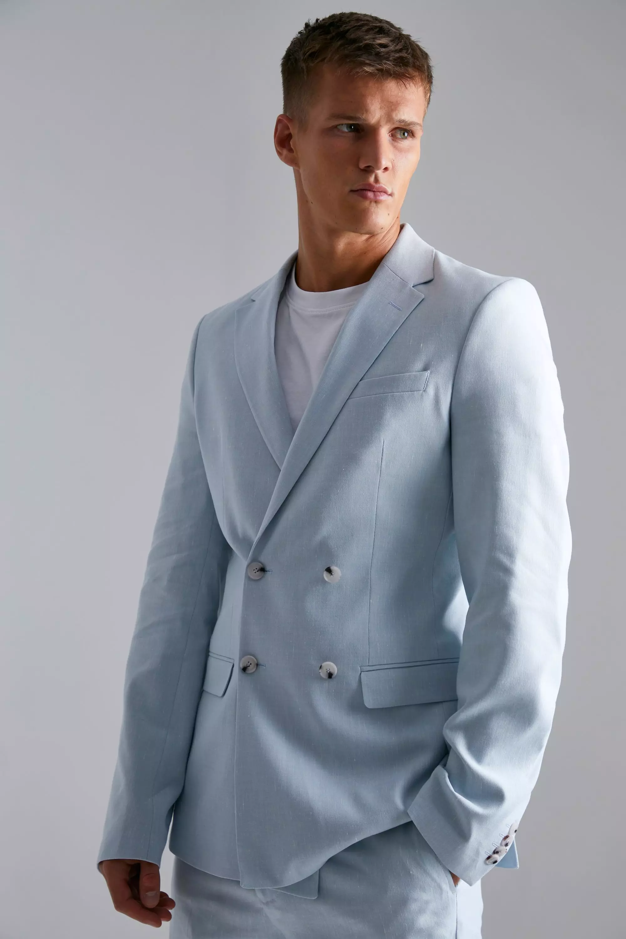 Tall Double Breasted Skinny Linen Suit Jacket Light blue