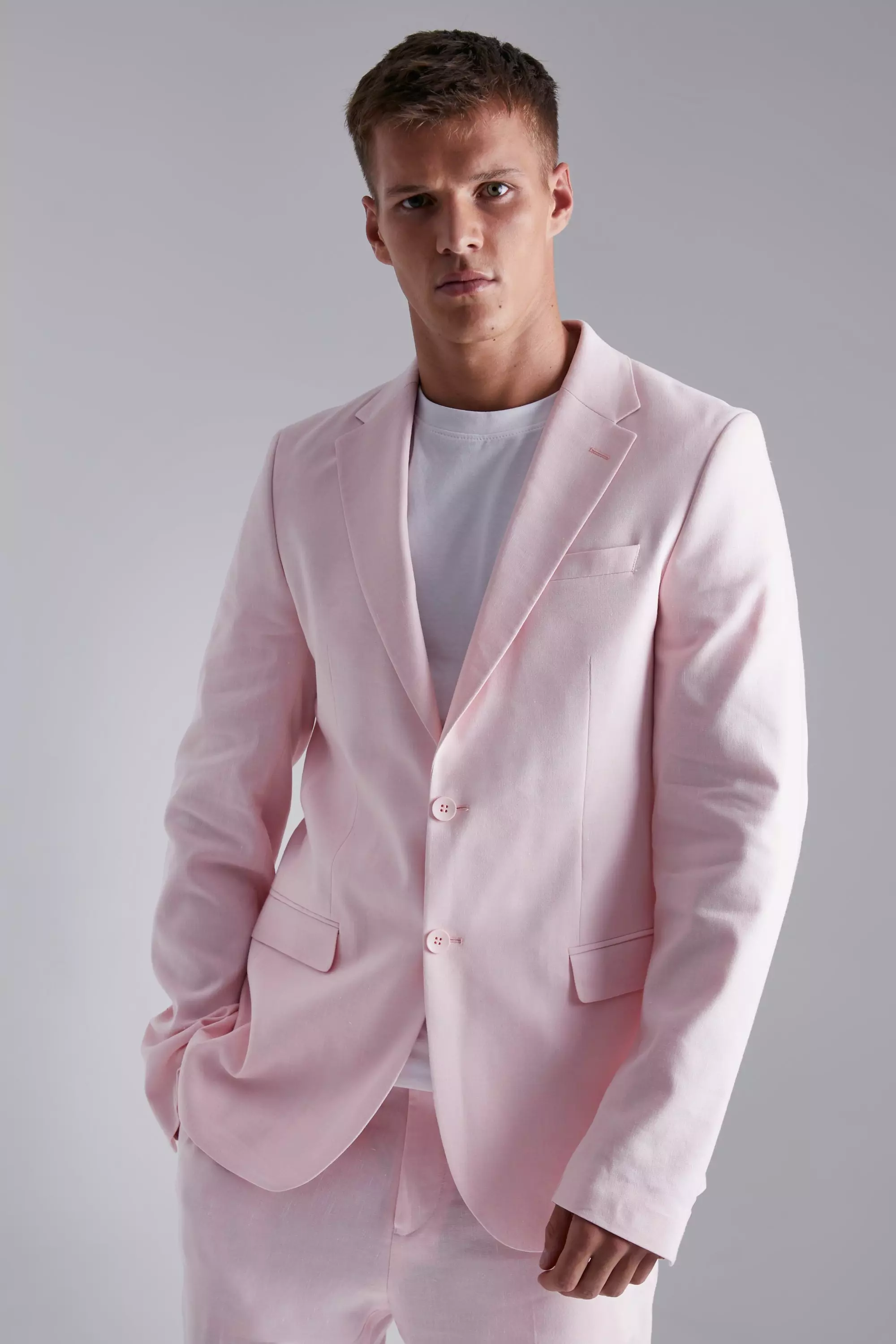 Tall Single Breasted Slim Linen Suit Jacket Light pink
