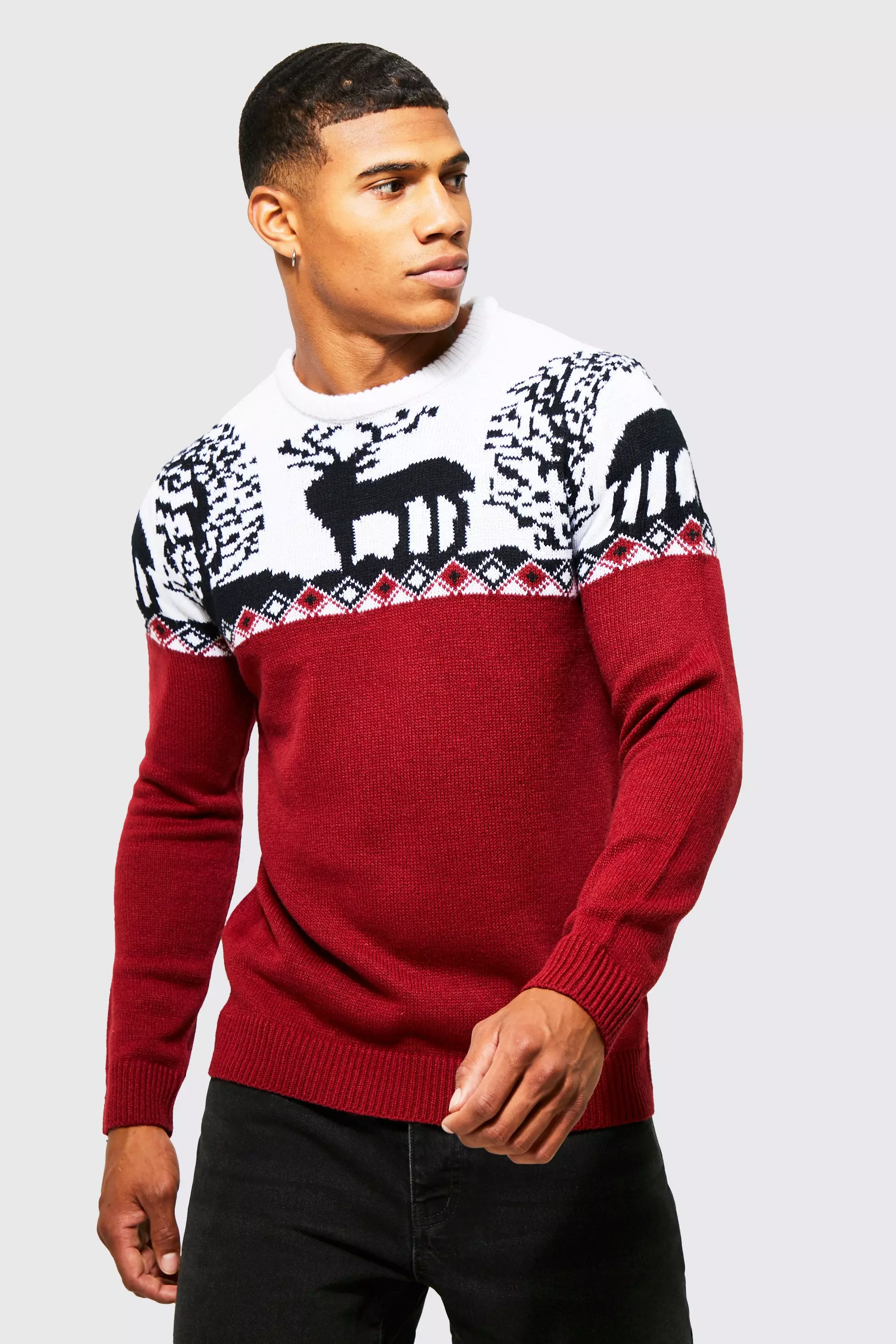 Burgundy Red Fairisle Knitted Christmas Sweater