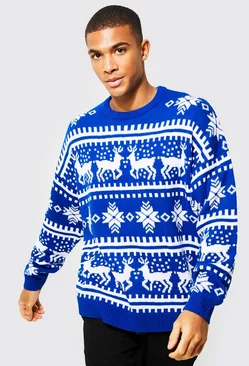 Oversized Reindeer Fairisle Christmas Sweater Cobalt