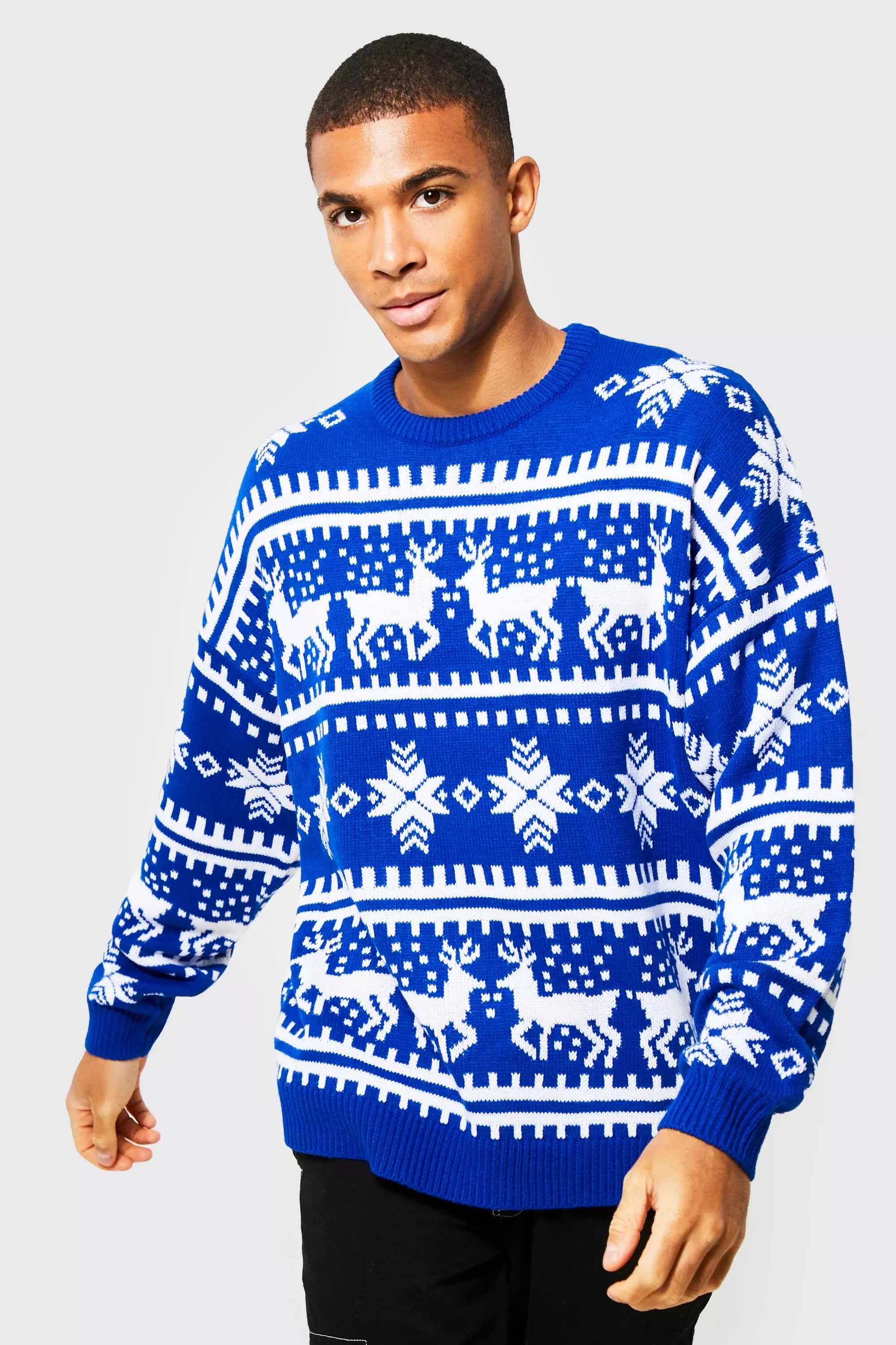 Oversized Reindeer Fairisle Christmas Sweater Cobalt
