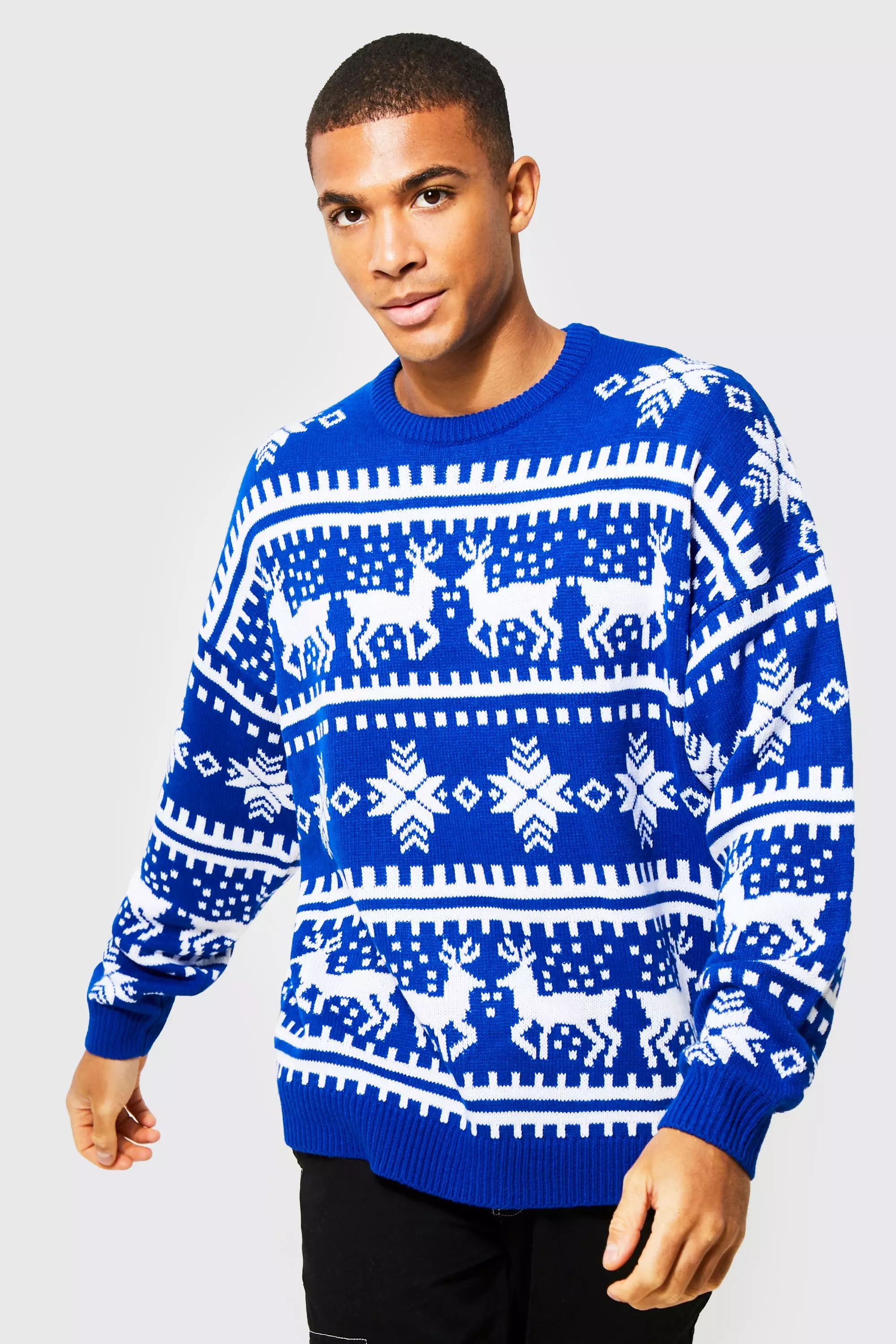 boohooMAN Men s Oversized Reindeer Fairisle Christmas Jumper Blue