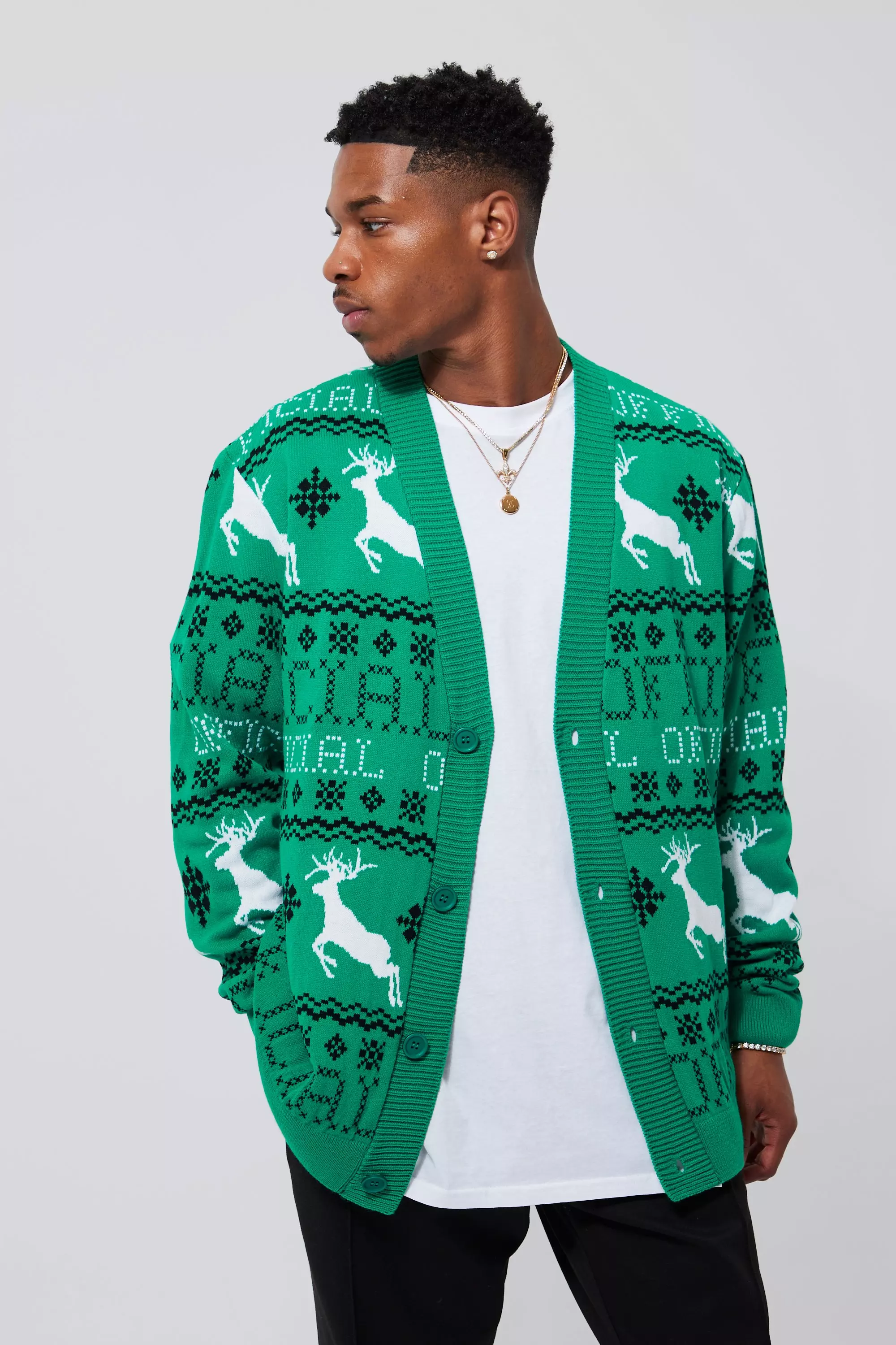 Forest Green Reindeer Fairisle Christmas Cardigan