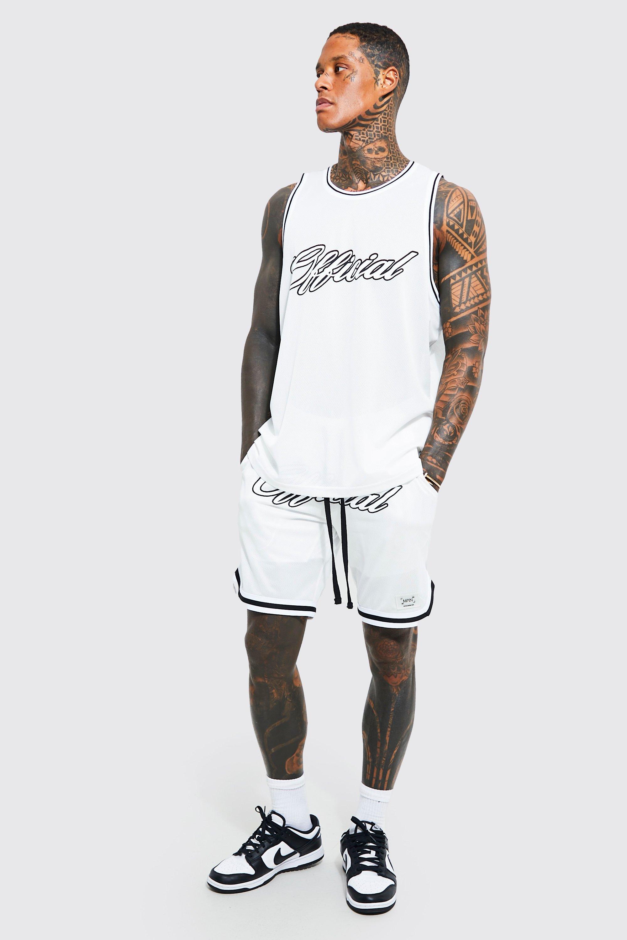 boohooMAN Mens Oversized Boxy Worldwide Basketball Short Set - White