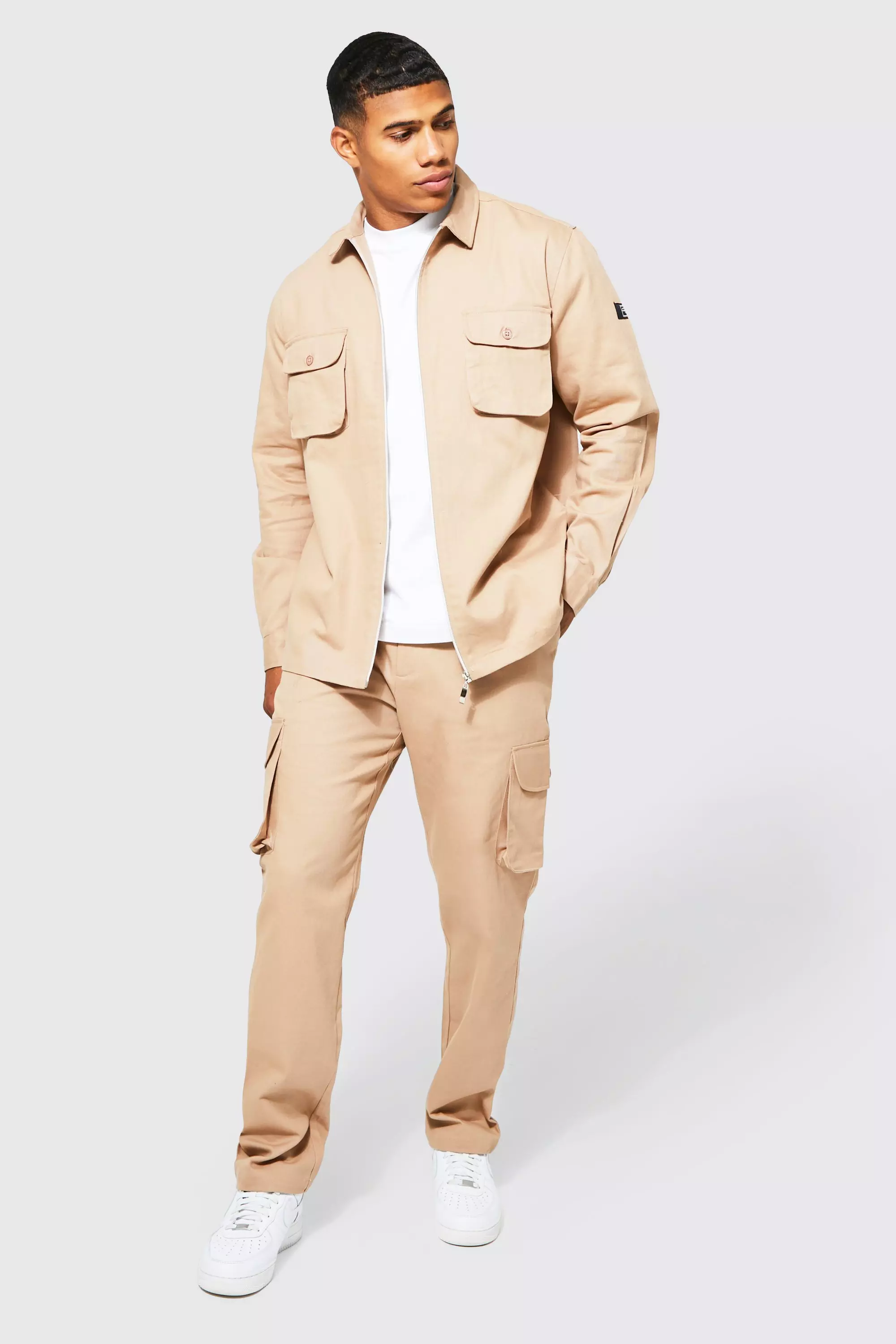 Taupe Beige Cargo Zip Shirt And Pants Set