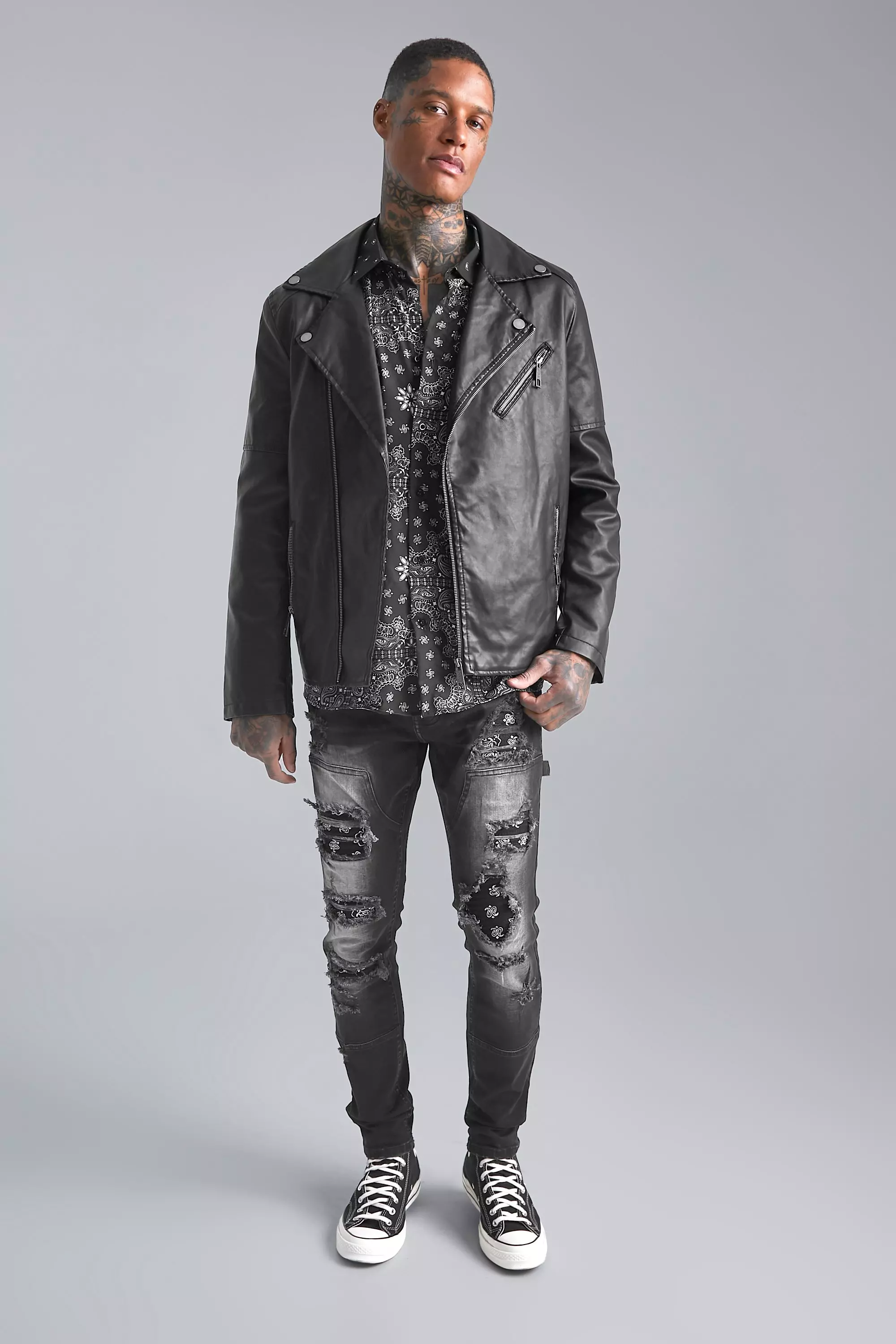 Washed black Stretch Rip & Repair Bandana Print Skinny Jeans alternatieve afbeelding