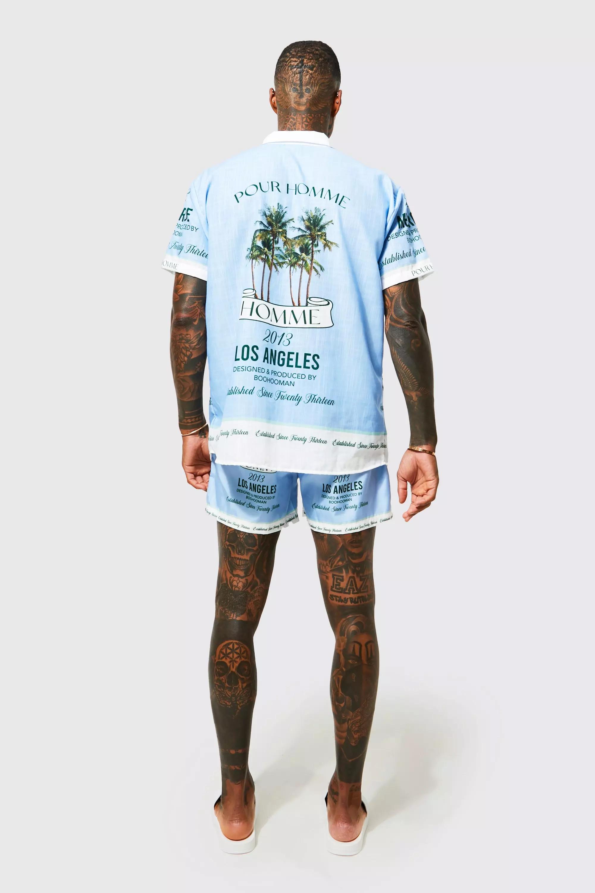 Oversized Slub Graphic Shirt And Swims | boohooMAN