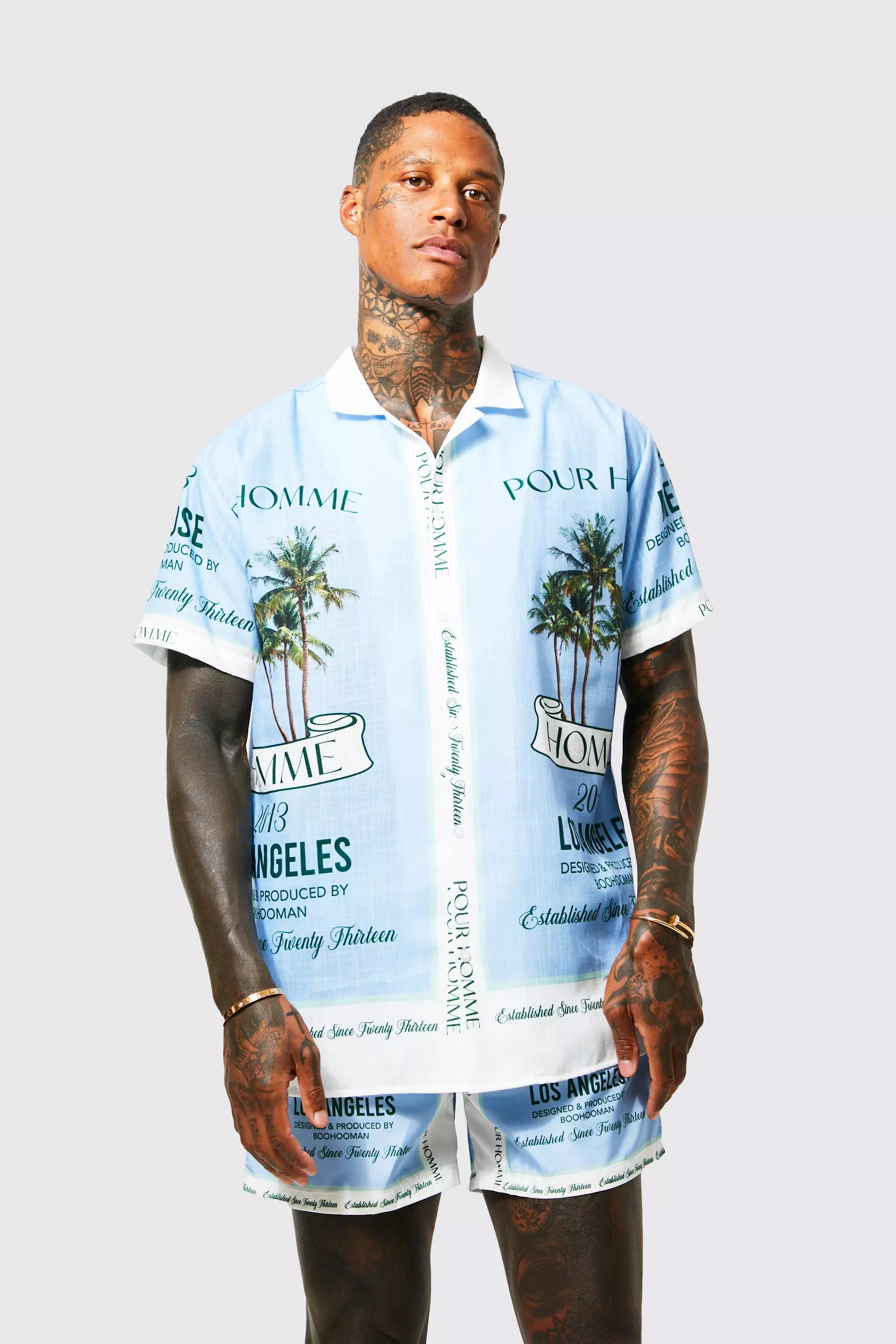 Oversized Slub Graphic Shirt And Swims | boohooMAN