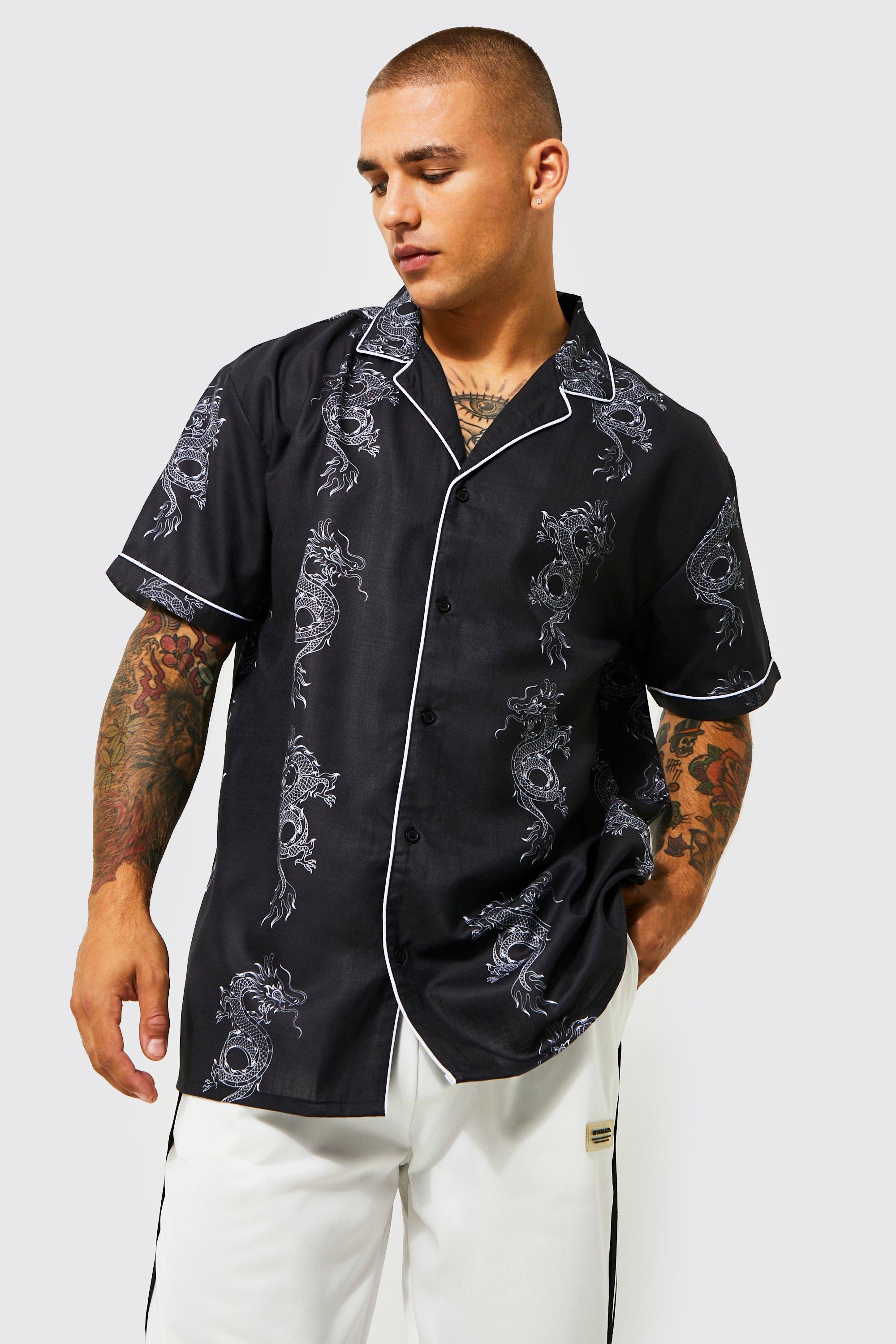 boohooMAN Dragon Print Short Sleeve Shirt - Black - Size S