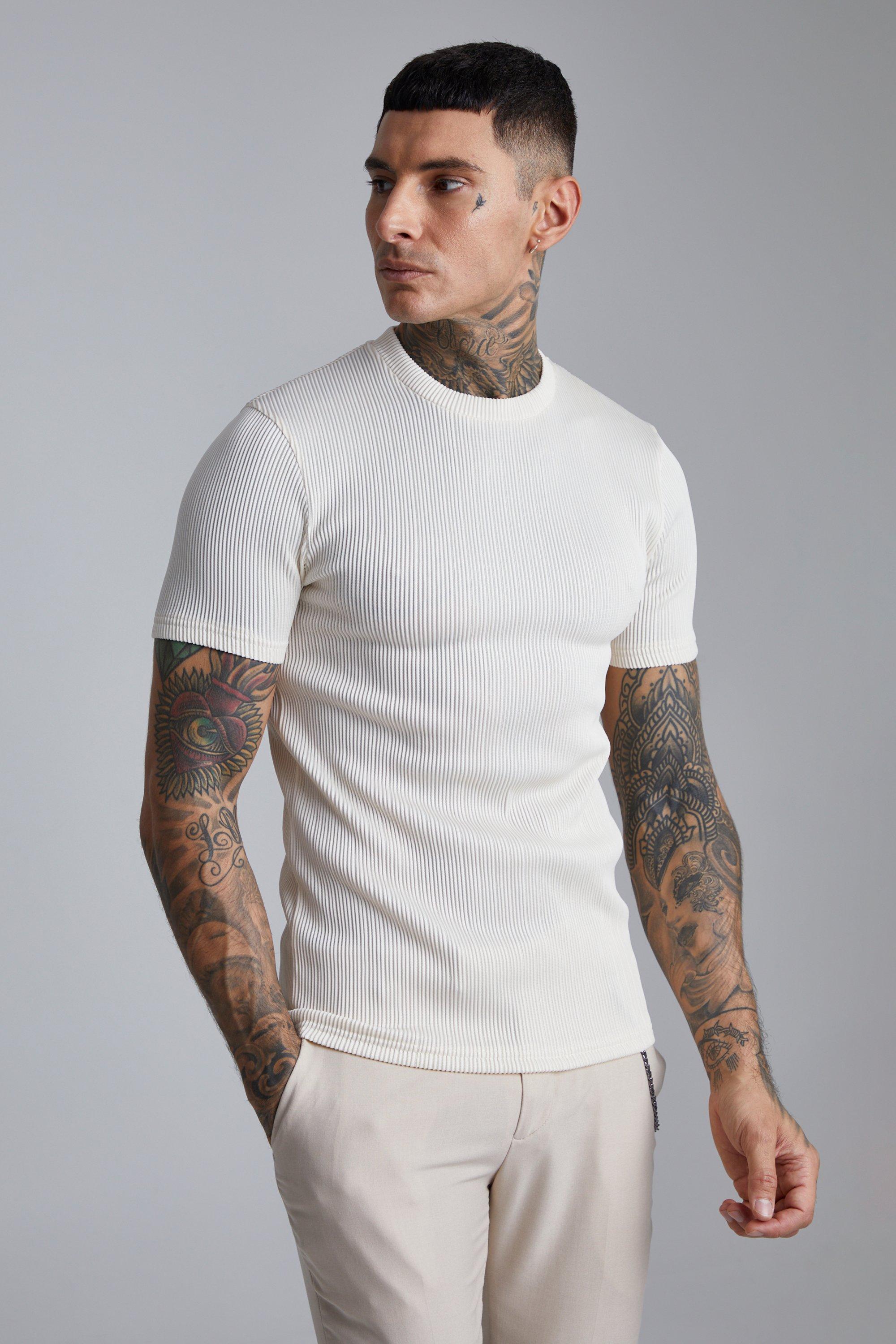 Samme sendt fysiker Muscle Fit Ribbed T-shirt With Back Tape | boohooMAN UK