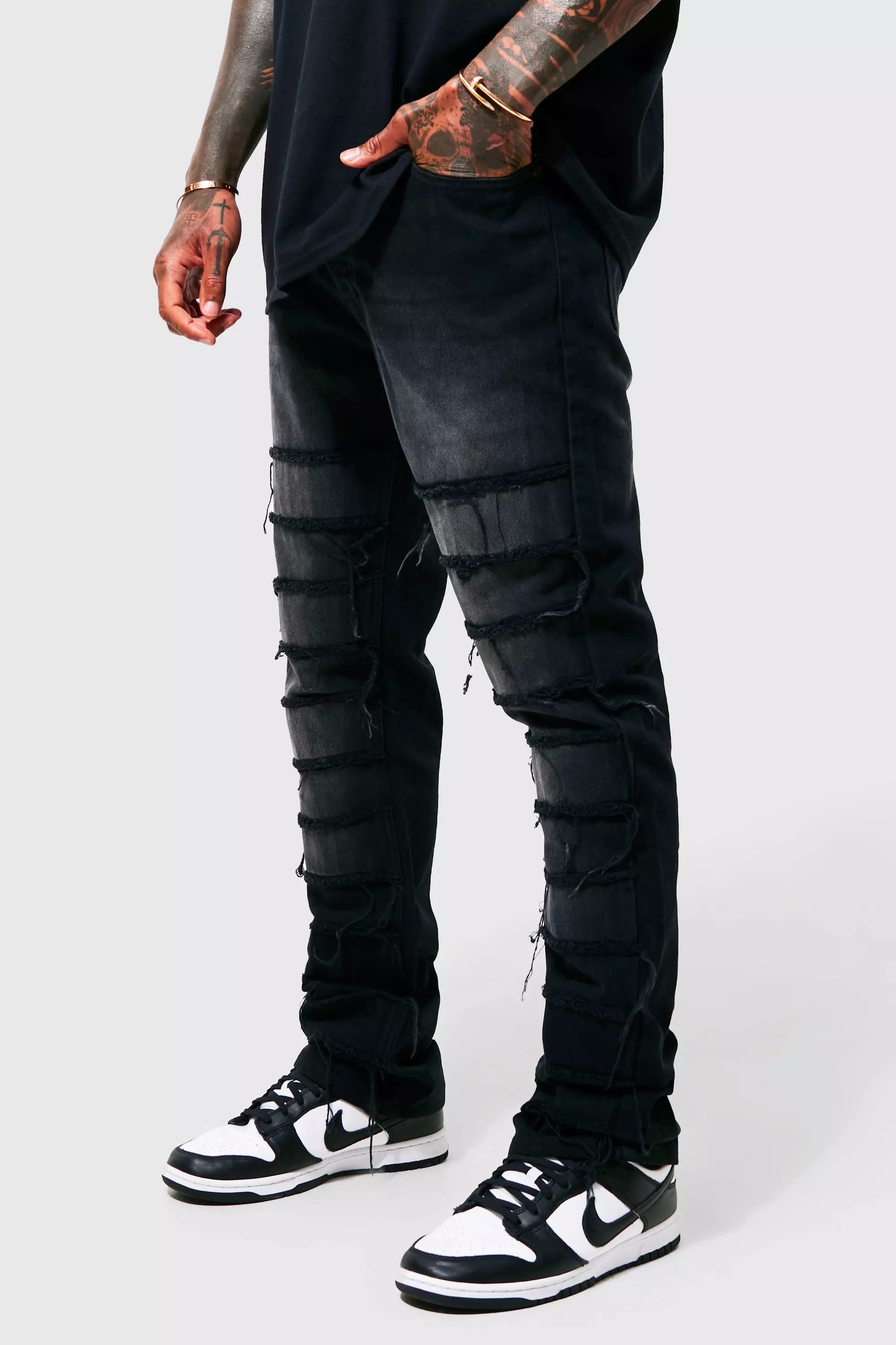 Black Stacked Flare Diagonal Distressed Jeans