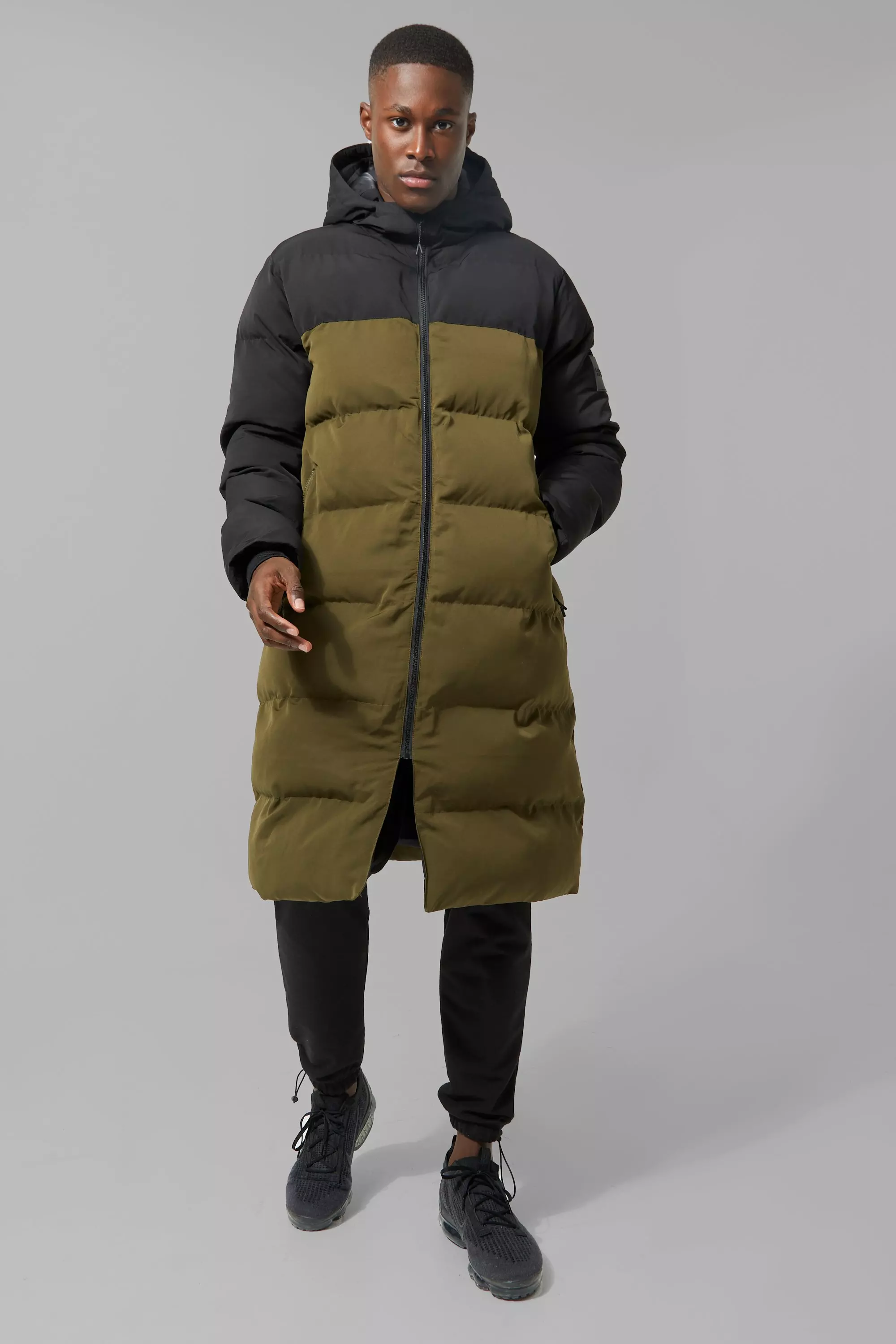 Man Active Colour Block Longline Puffer Coat boohooMAN